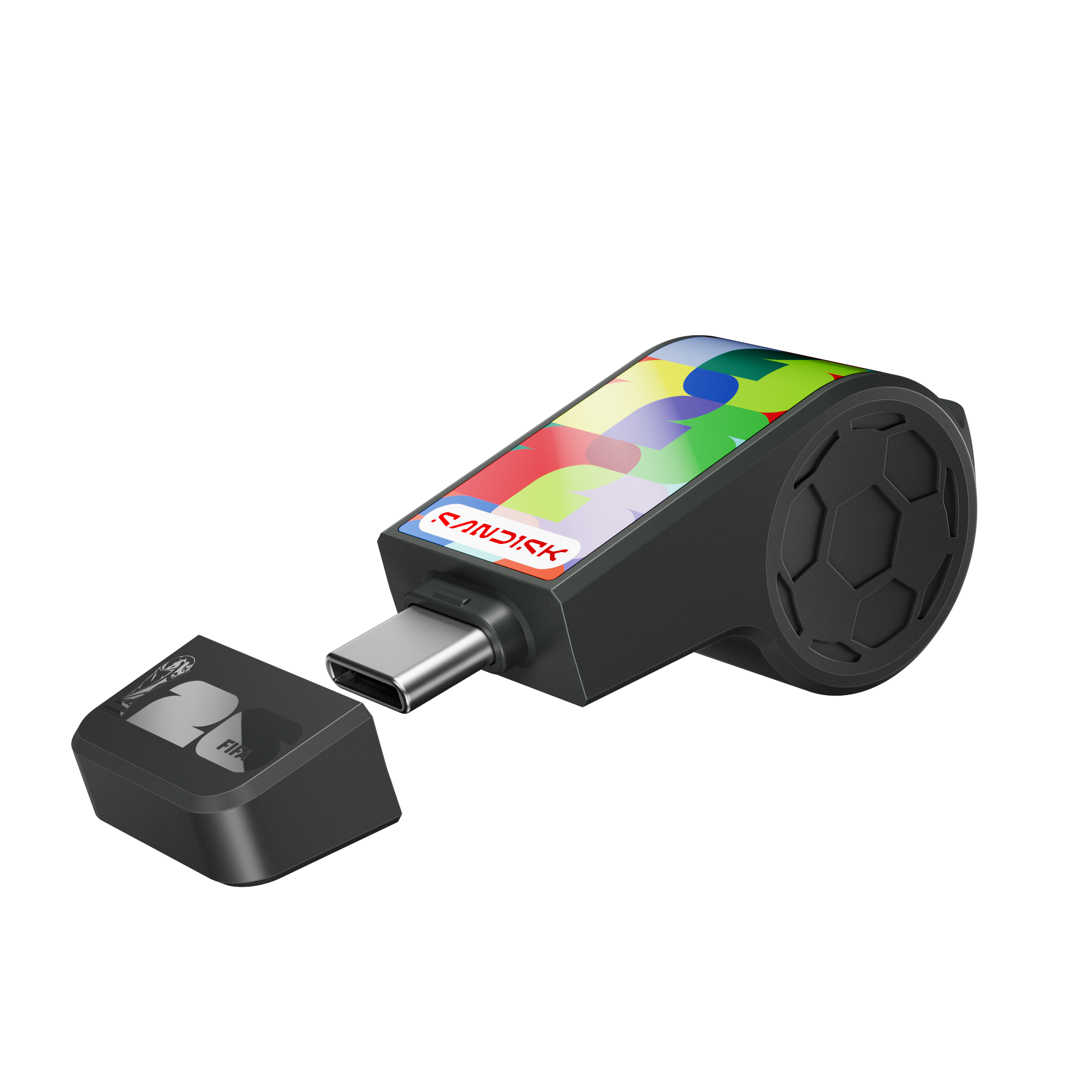 Ein USB-C-Stick mit bunter Oberfläche und "Sandisk"-Logo.