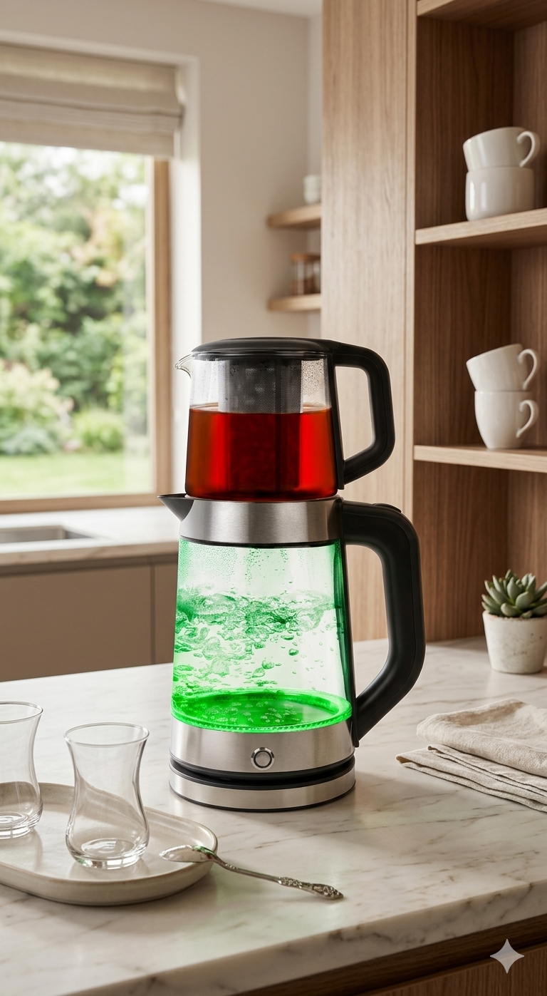 Altta yeşil parlayan su, üstte camda çay bulunan elektrikli çay makinesi.