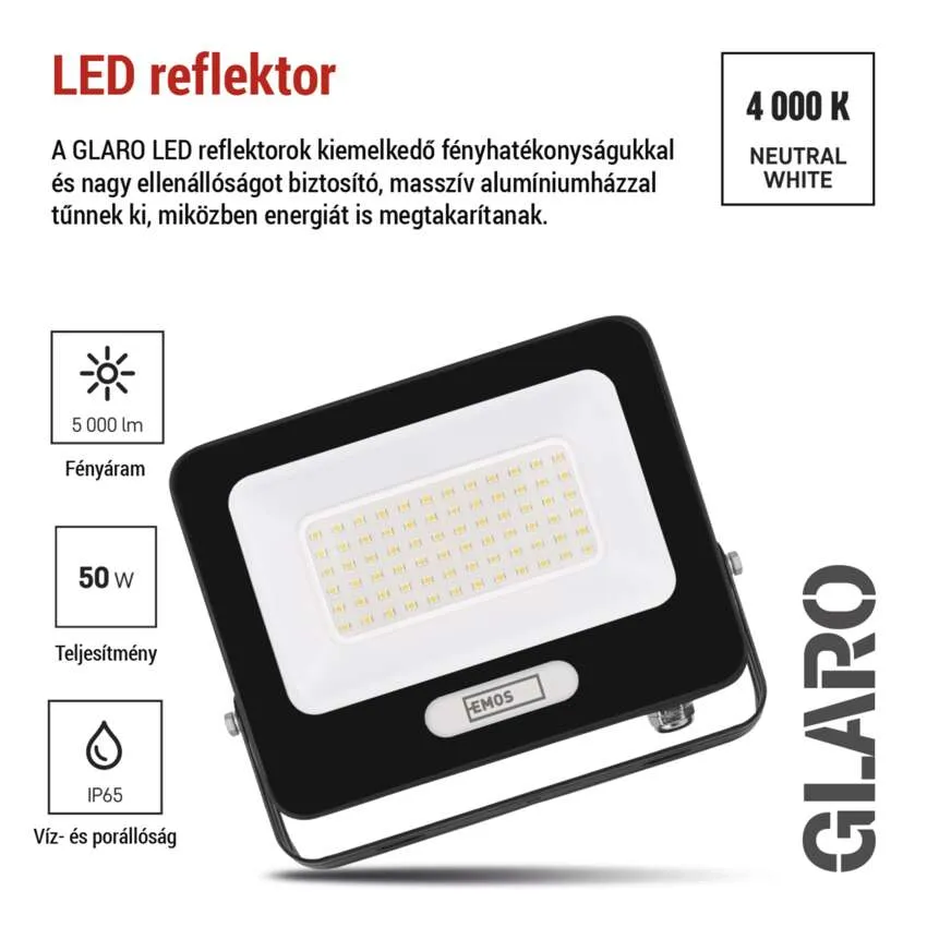 Fekete LED reflektor 5000 lm fényárammal, 4000 K, IP65, alumínium házzal.