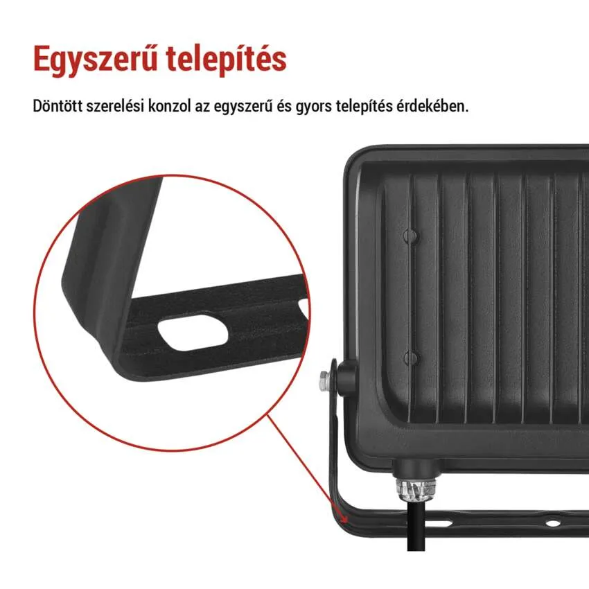 Egy fekete reflektor szögletes tartóval, a könnyű felszerelés érdekében kiemelve.