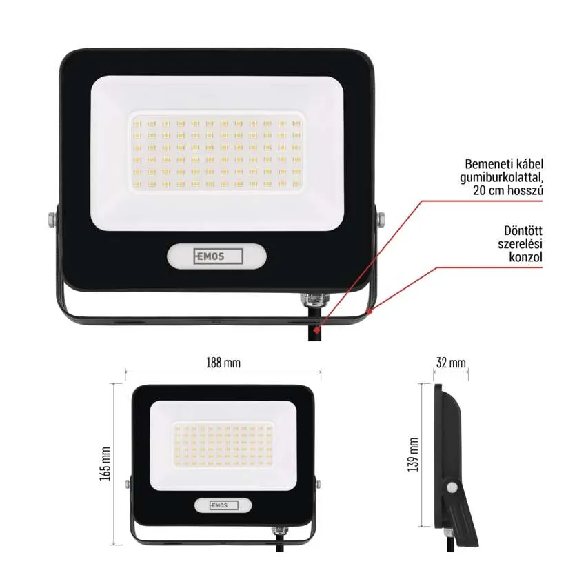 Fekete LED-es reflektor ezüst konzollal. Méretekkel ellátva.