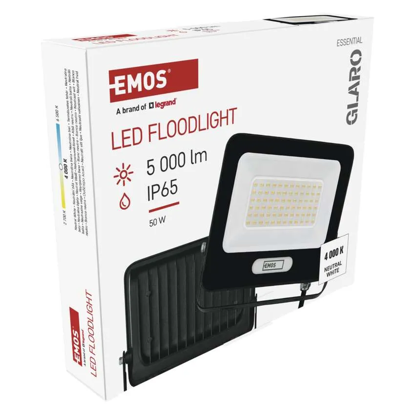 EMOS LED-es reflektor csomagolása termékképpel, 5000 lm, IP65.