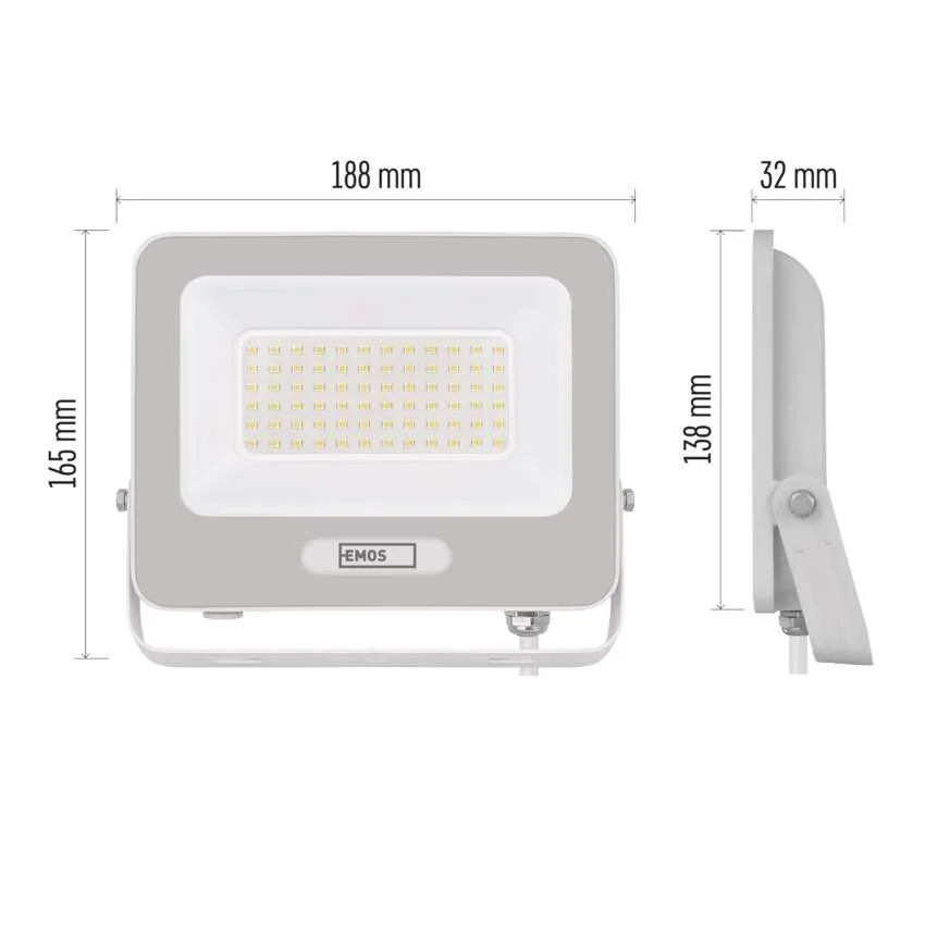 Szürke LED reflektor 188x165x32mm méretekkel, elülső és oldalsó nézet.