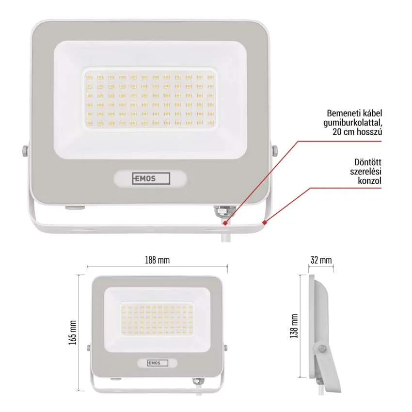 Fehér LED reflektor tartóval, méretek 188x165x32 mm.