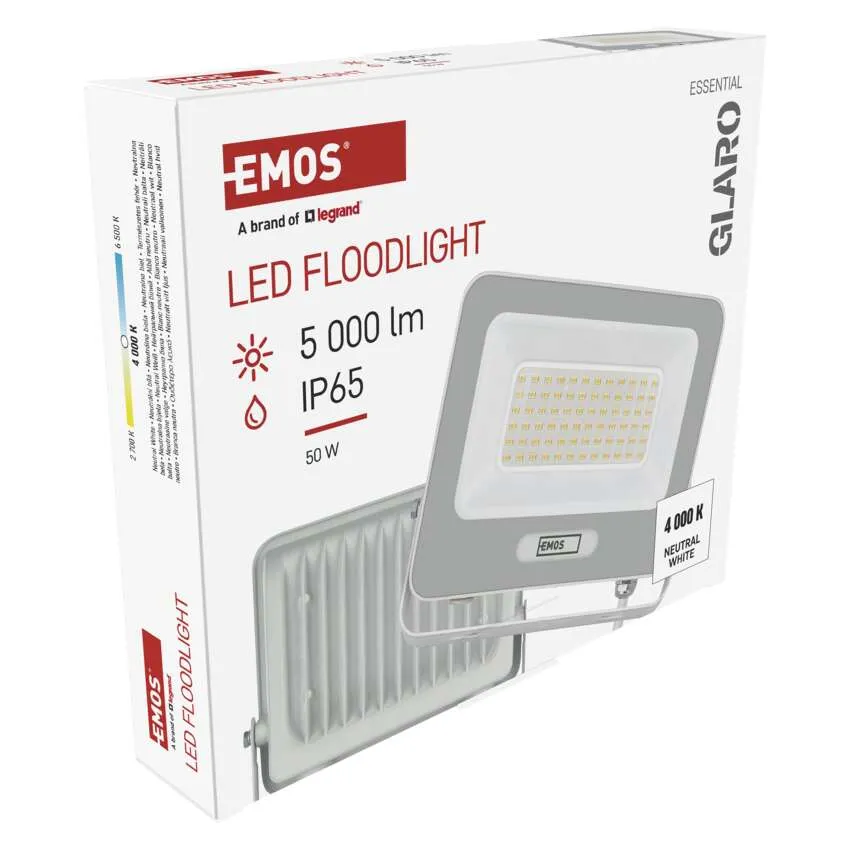 EMOS LED-es reflektor csomagolása, 50W, 5000lm, IP65, 4000K, Neutrál fehér.