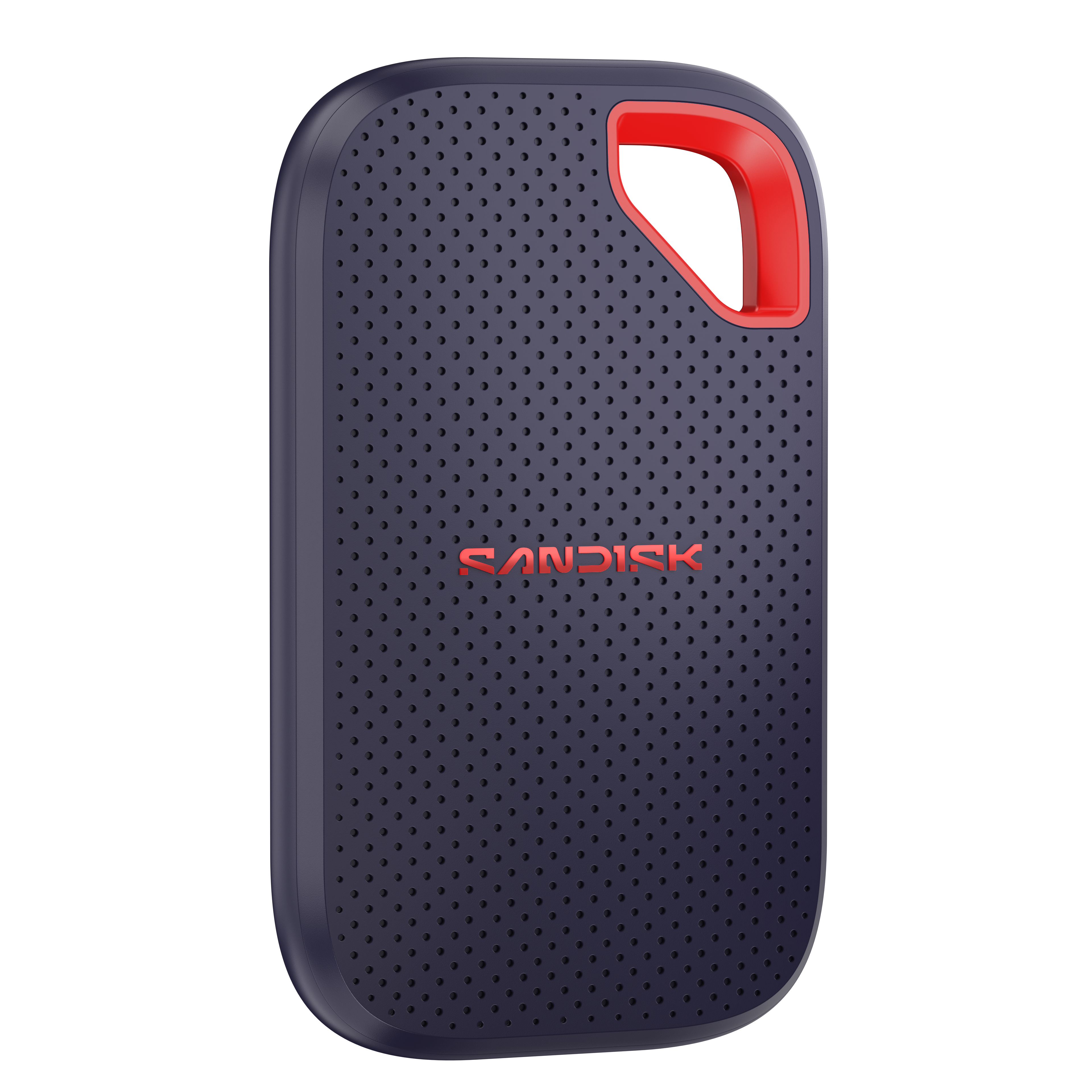 Dunkelblauer Sandisk SSD mit roten Akzenten und Lochmuster.