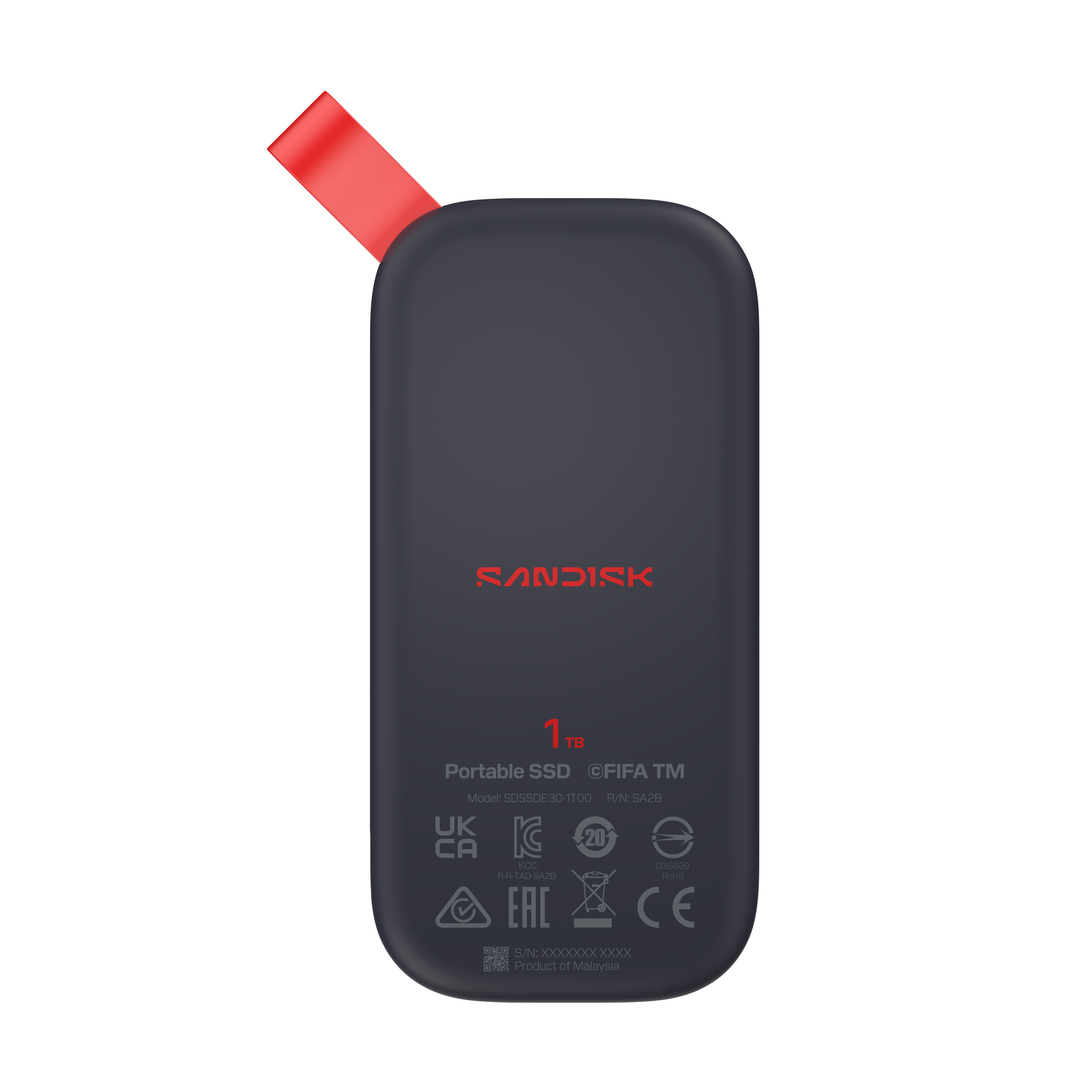 Ein dunkler tragbarer SSD mit rotem Riemen, 1TB, SanDisk und FIFA-Logo.