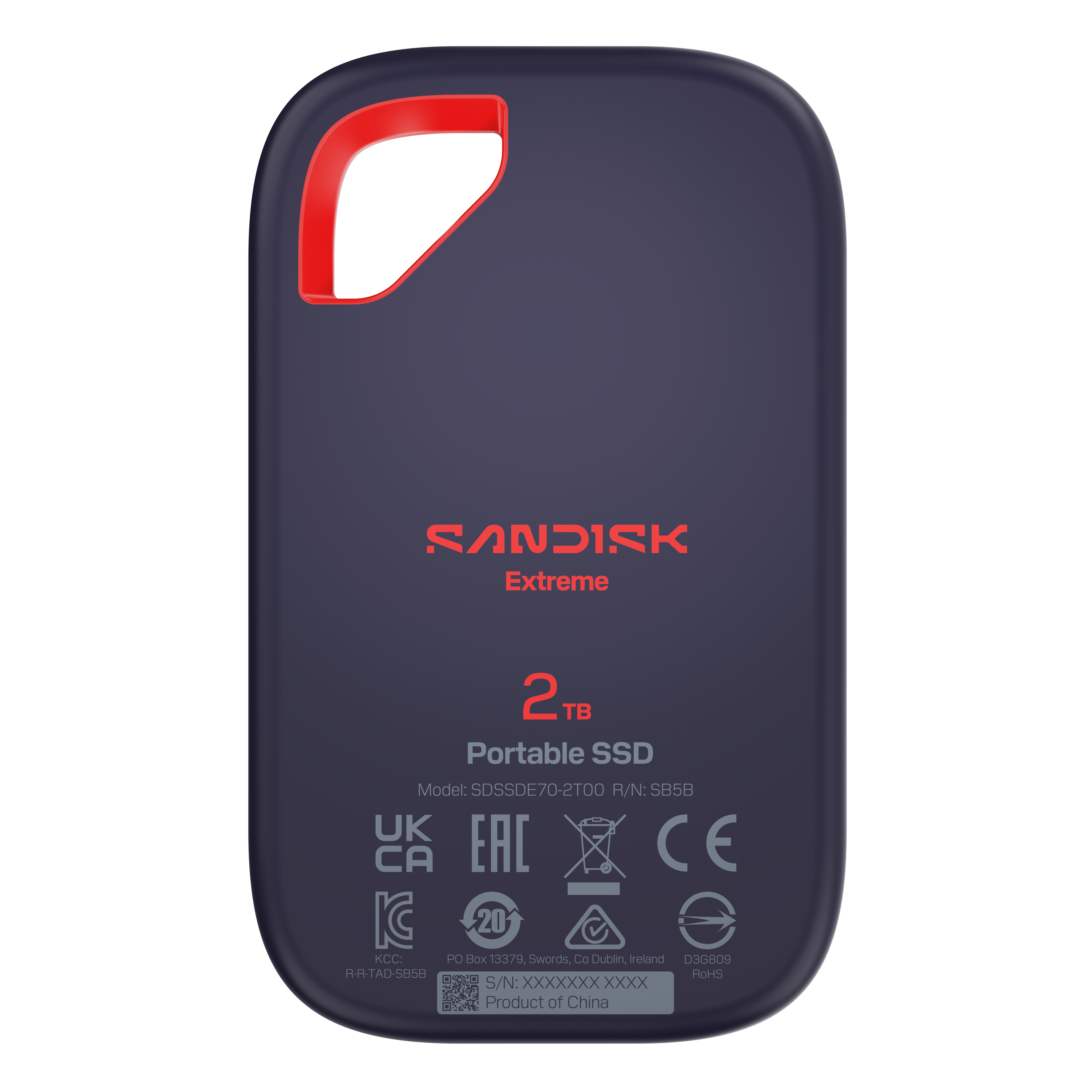 Ein dunkles, rechteckiges SanDisk Extreme 2TB tragbares SSD-Laufwerk mit rotem Akzent.