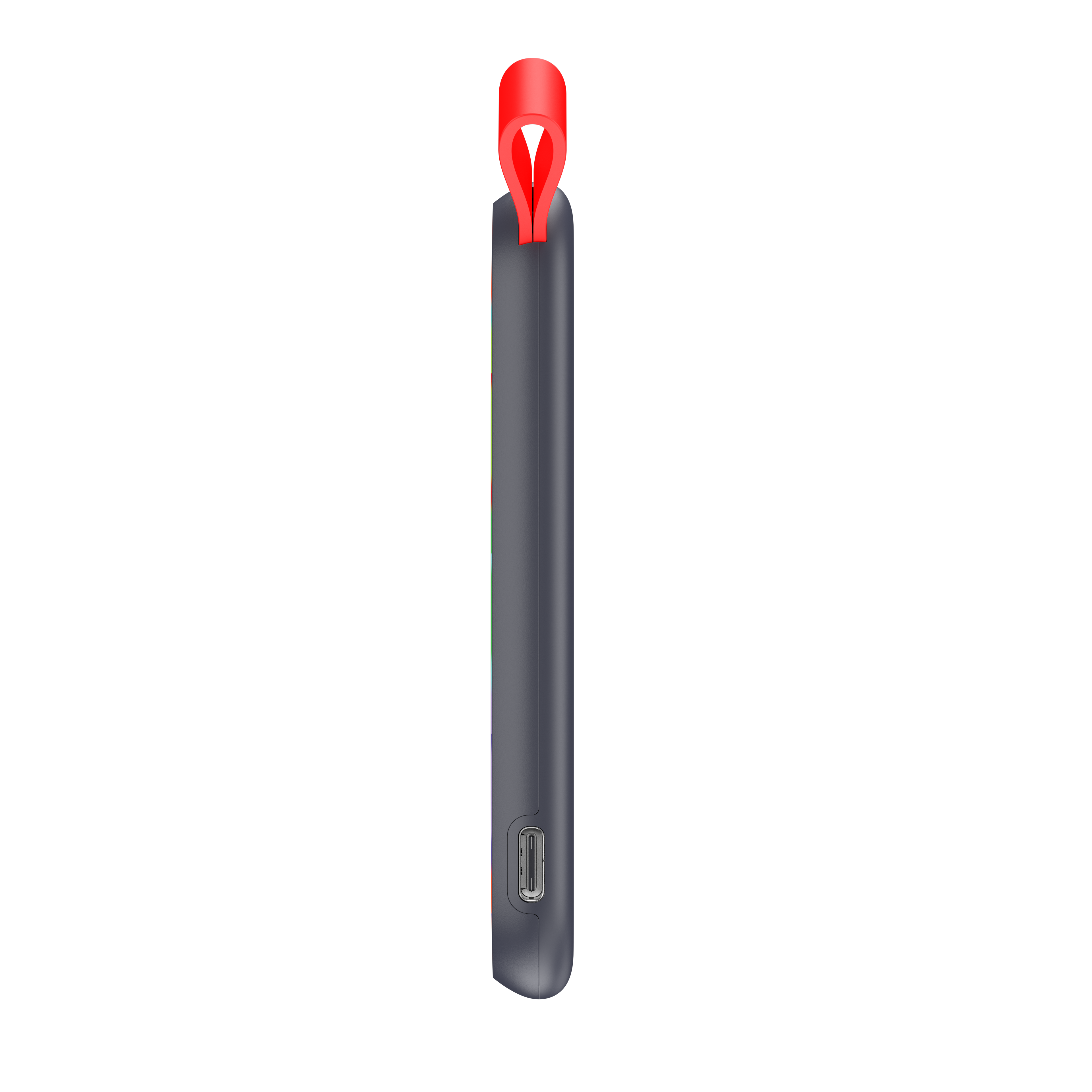 Graues rechteckiges Gerät mit rotem Band und USB-Anschluss.
