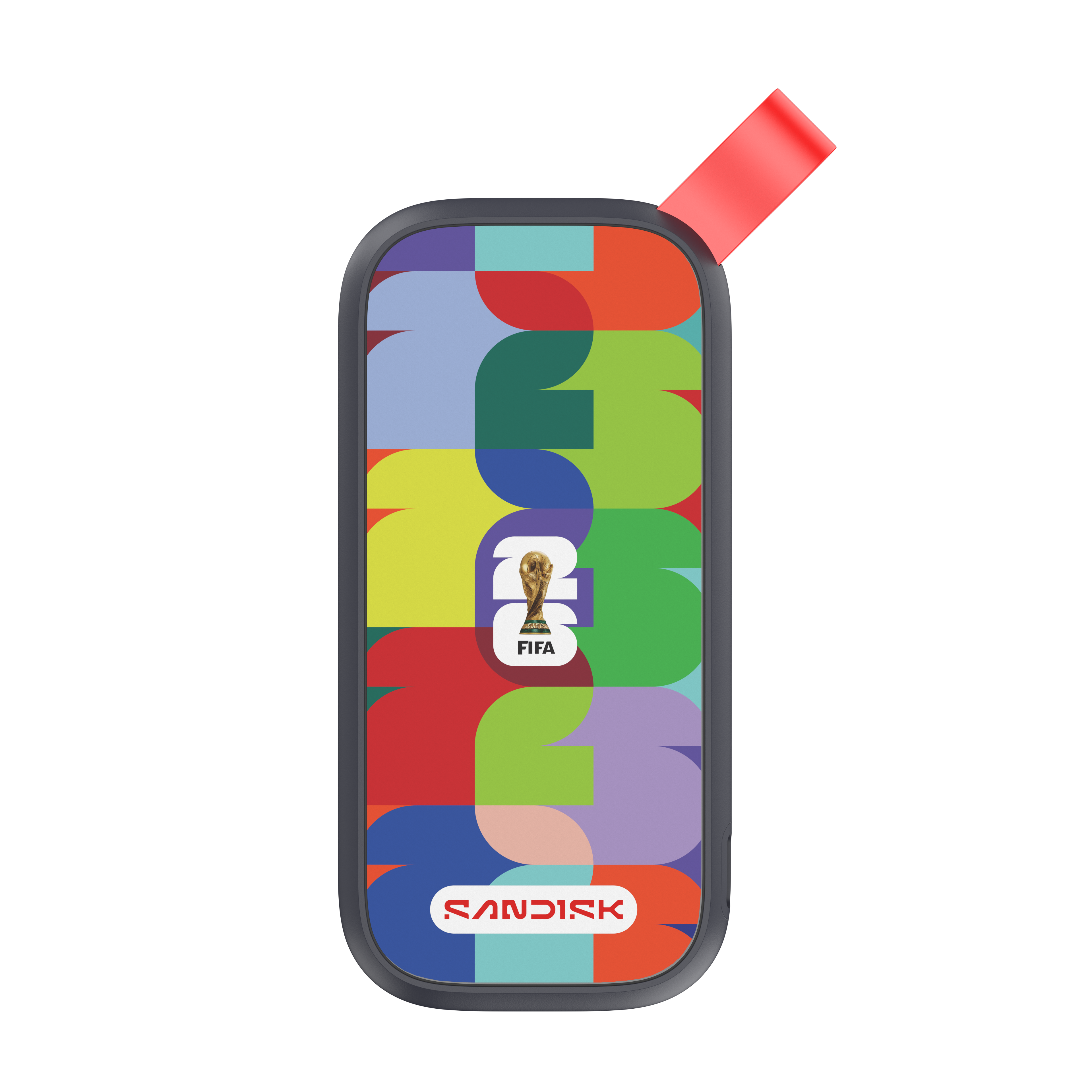 Ein USB-Stick mit farbenfrohem geometrischem Muster, FIFA-Pokal und Sandisk-Logo.