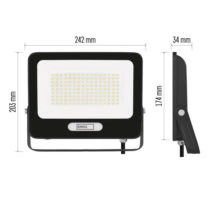 Fekete LED-es reflektor elölnézetben és oldalnézetben, méretei: 242x203x34 mm.