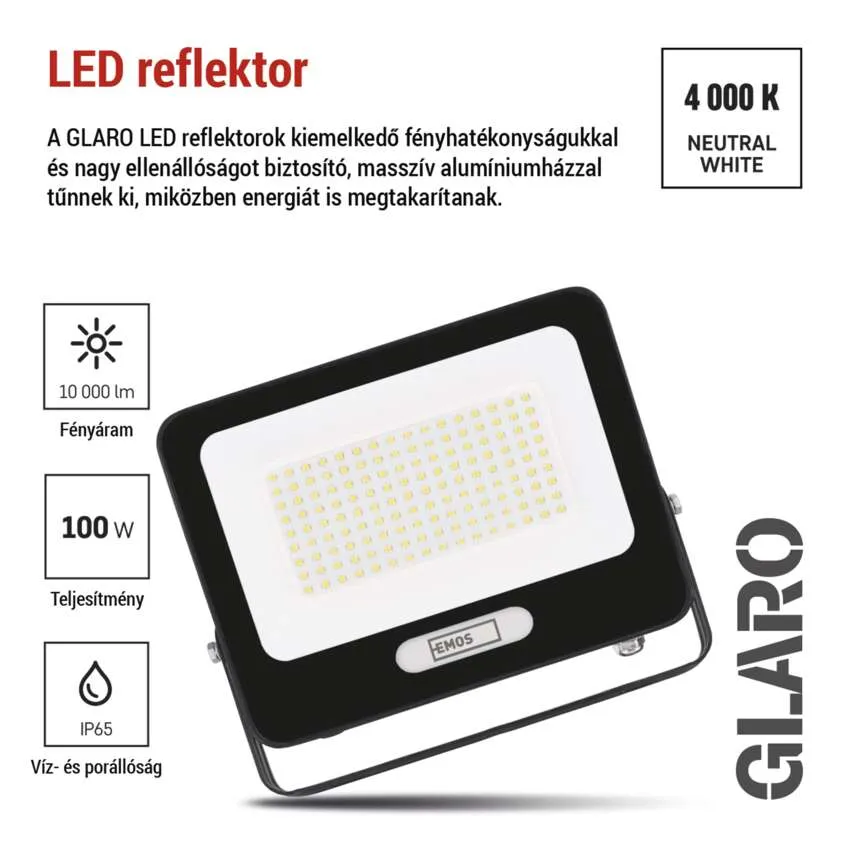 Egy fekete LED reflektor specifikációkkal: 10000 lm, 100W, IP65, 4000K Neutral White.