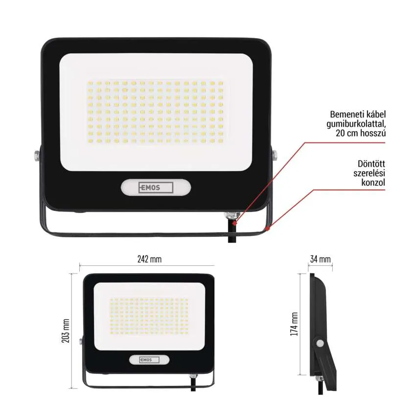 Fekete LED-es reflektor méretekkel és csatlakozókábellel.