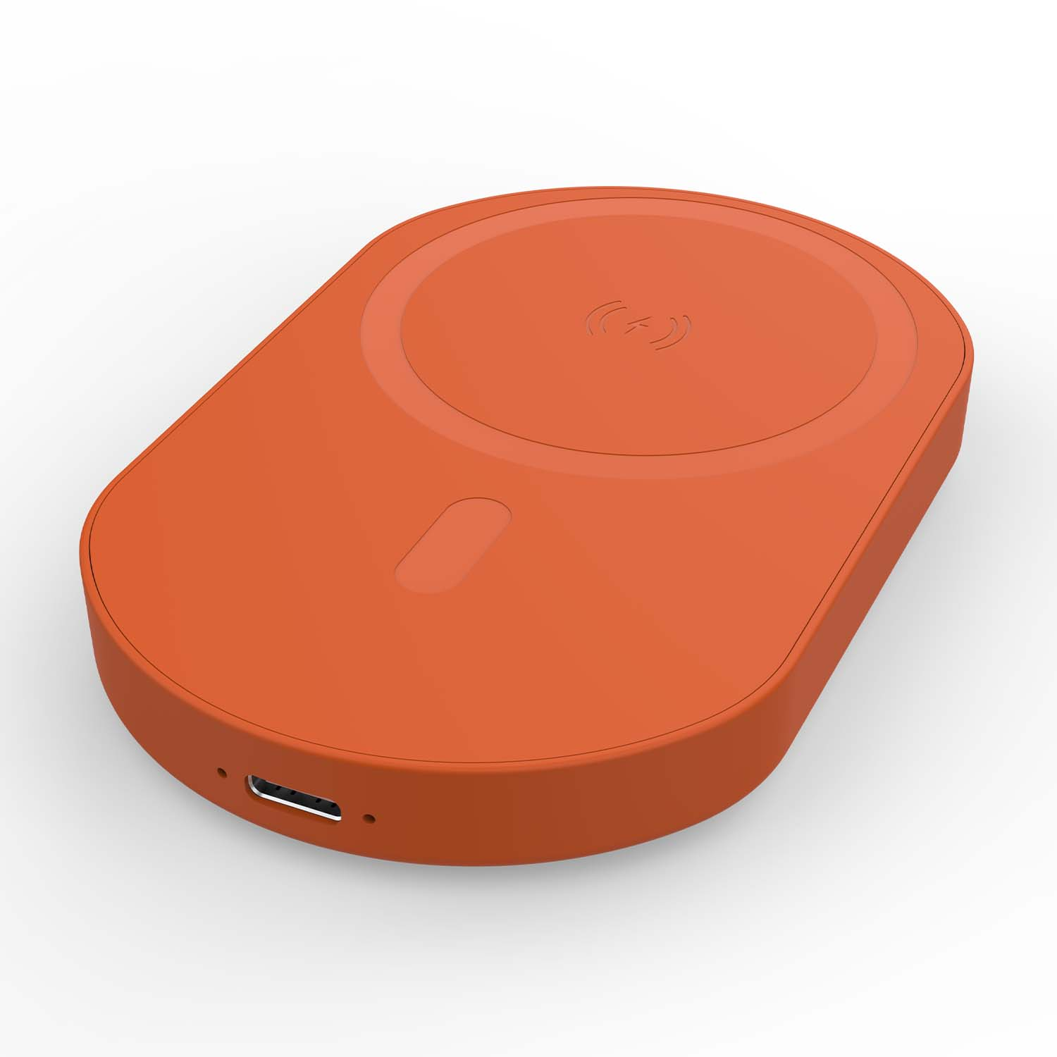 Caricatore wireless arancione con simbolo di ricarica e porta USB-C.