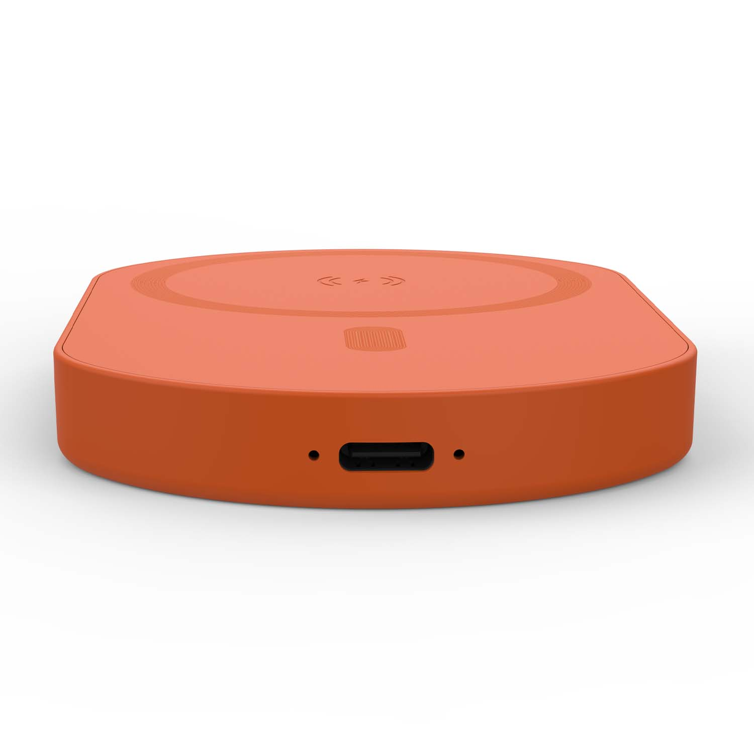 Un caricabatterie rotondo arancione con porta USB-C e indicatore di carica.