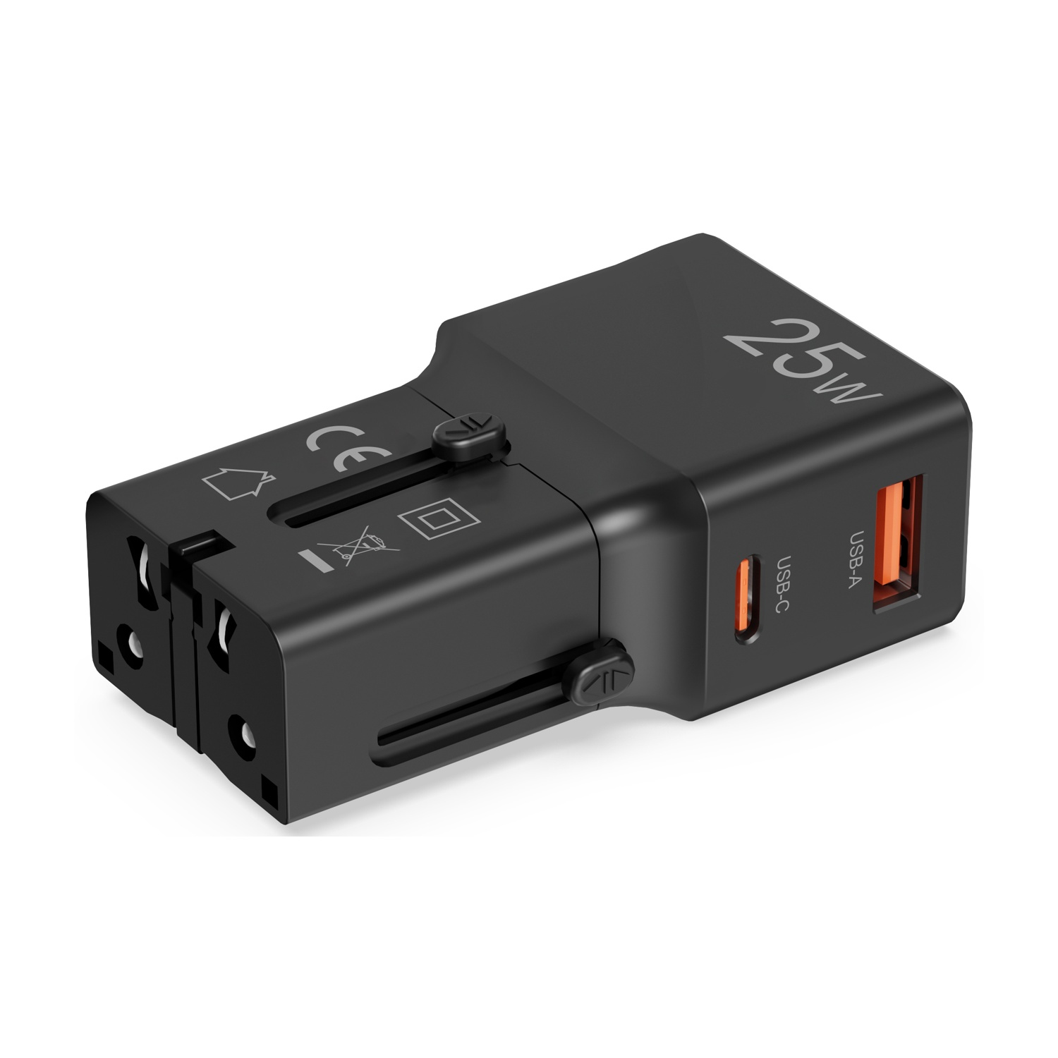 Adattatore da viaggio nero con porte USB-A e USB-C, 25W.