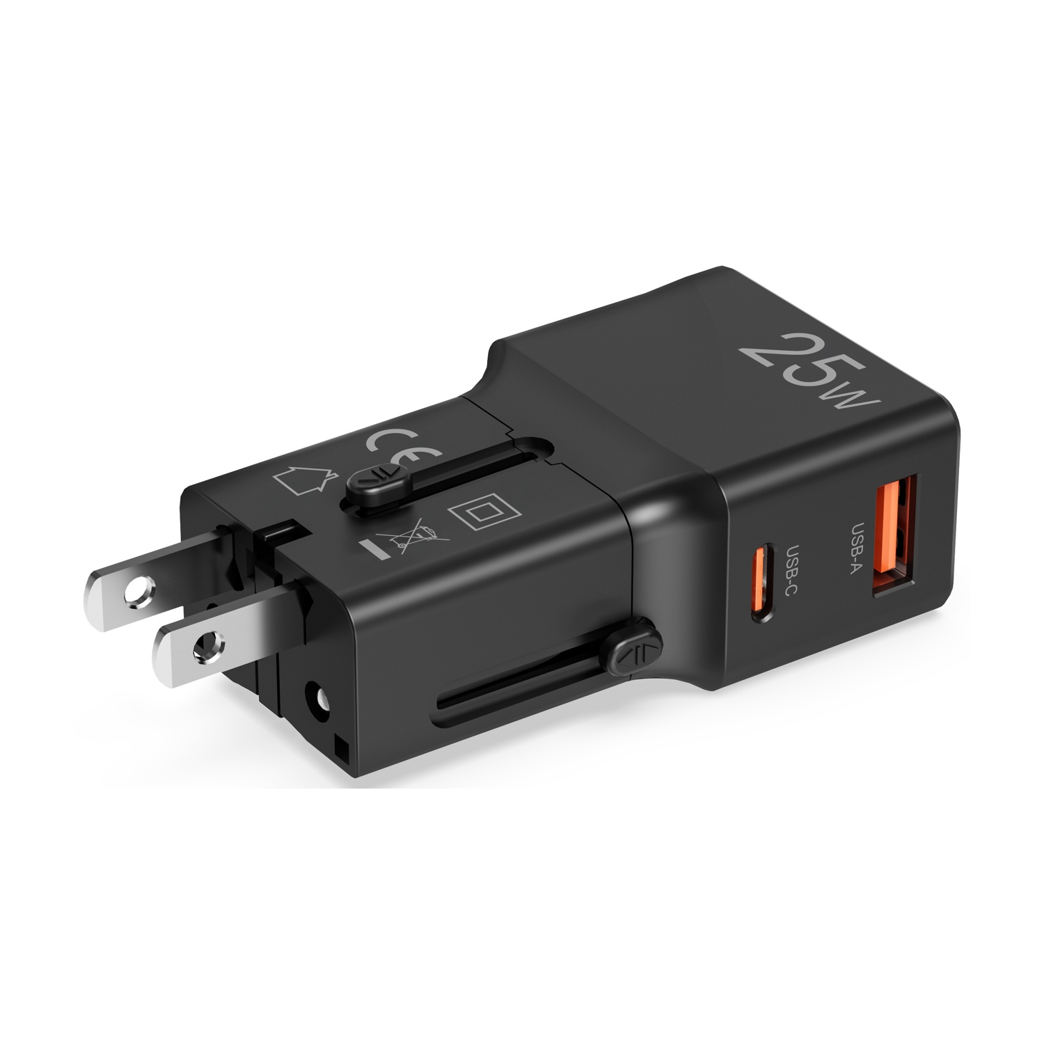 Adattatore da viaggio nero da 25W con spine USA, porte USB-C e USB-A.