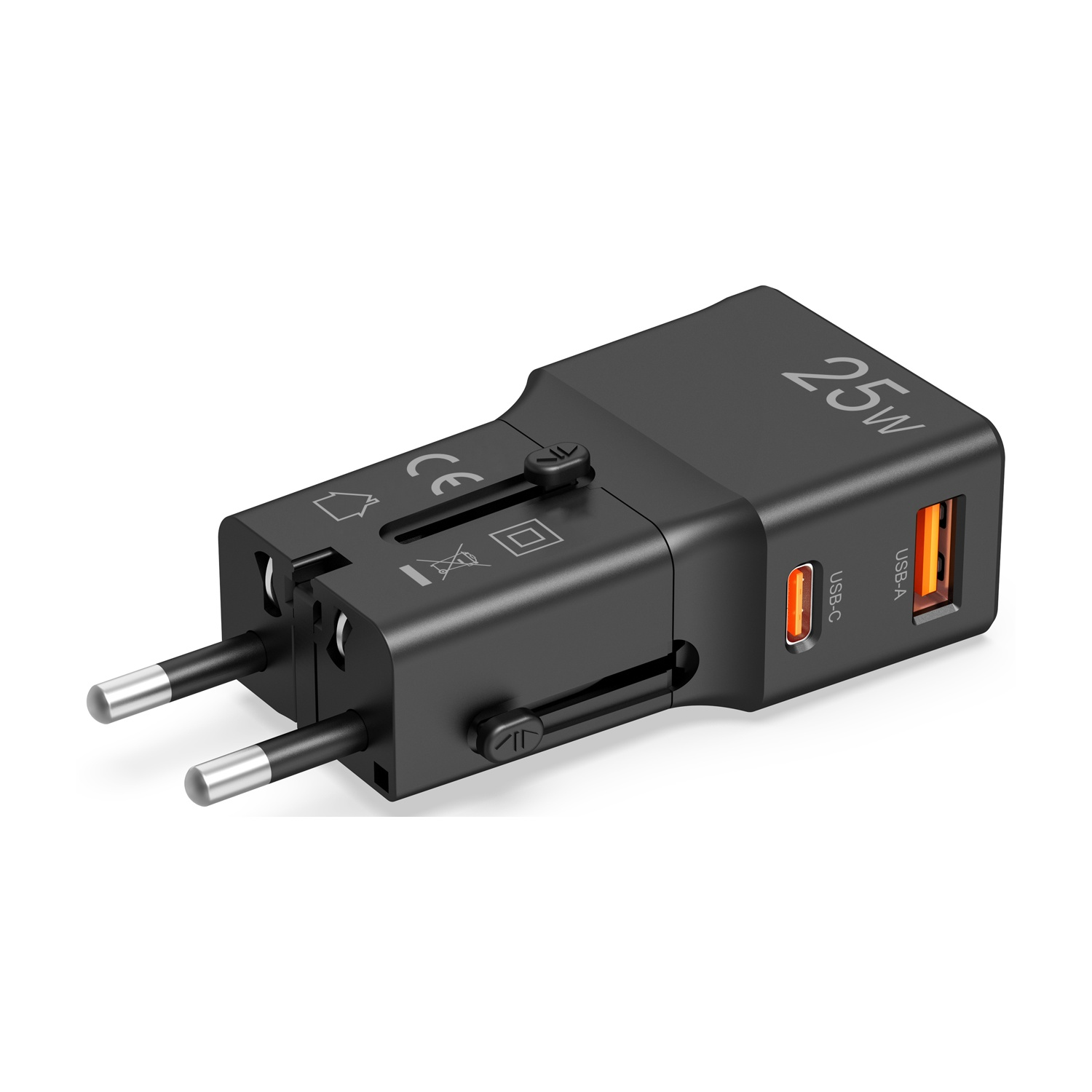 Adattatore da viaggio nero con porte USB-C e USB-A, 25W.
