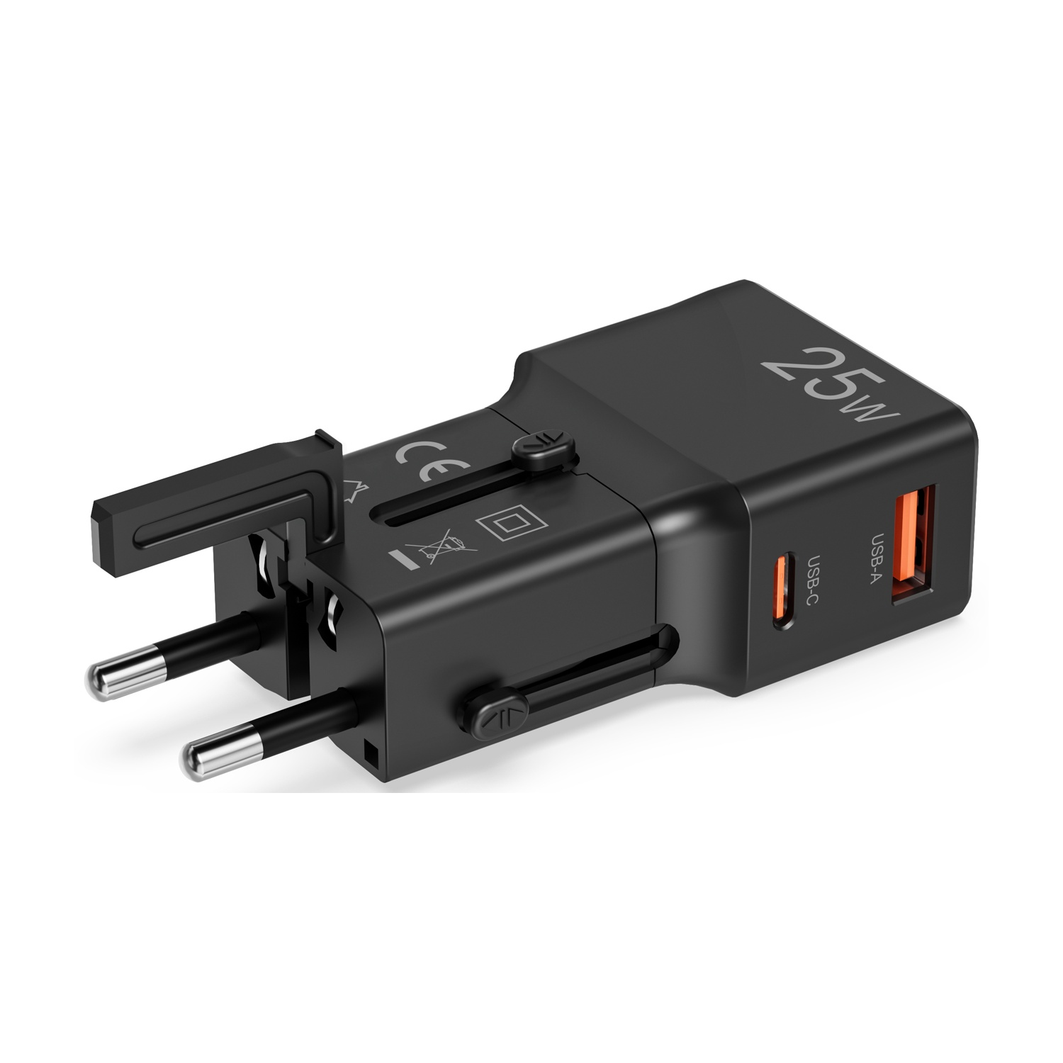 Adattatore da viaggio nero 25W USB-C/USB-A con pin retrattili e marchio CE.
