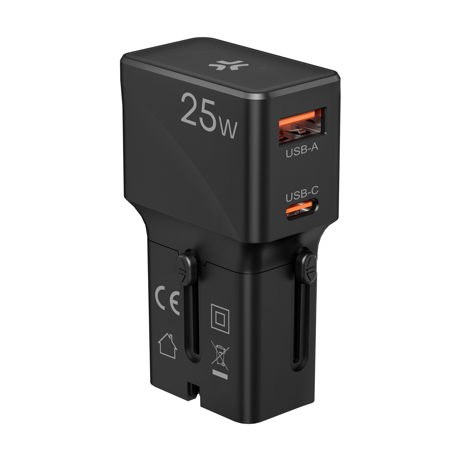 Adattatore da viaggio nero 25W USB-C/USB-A con marchio CE e simboli.