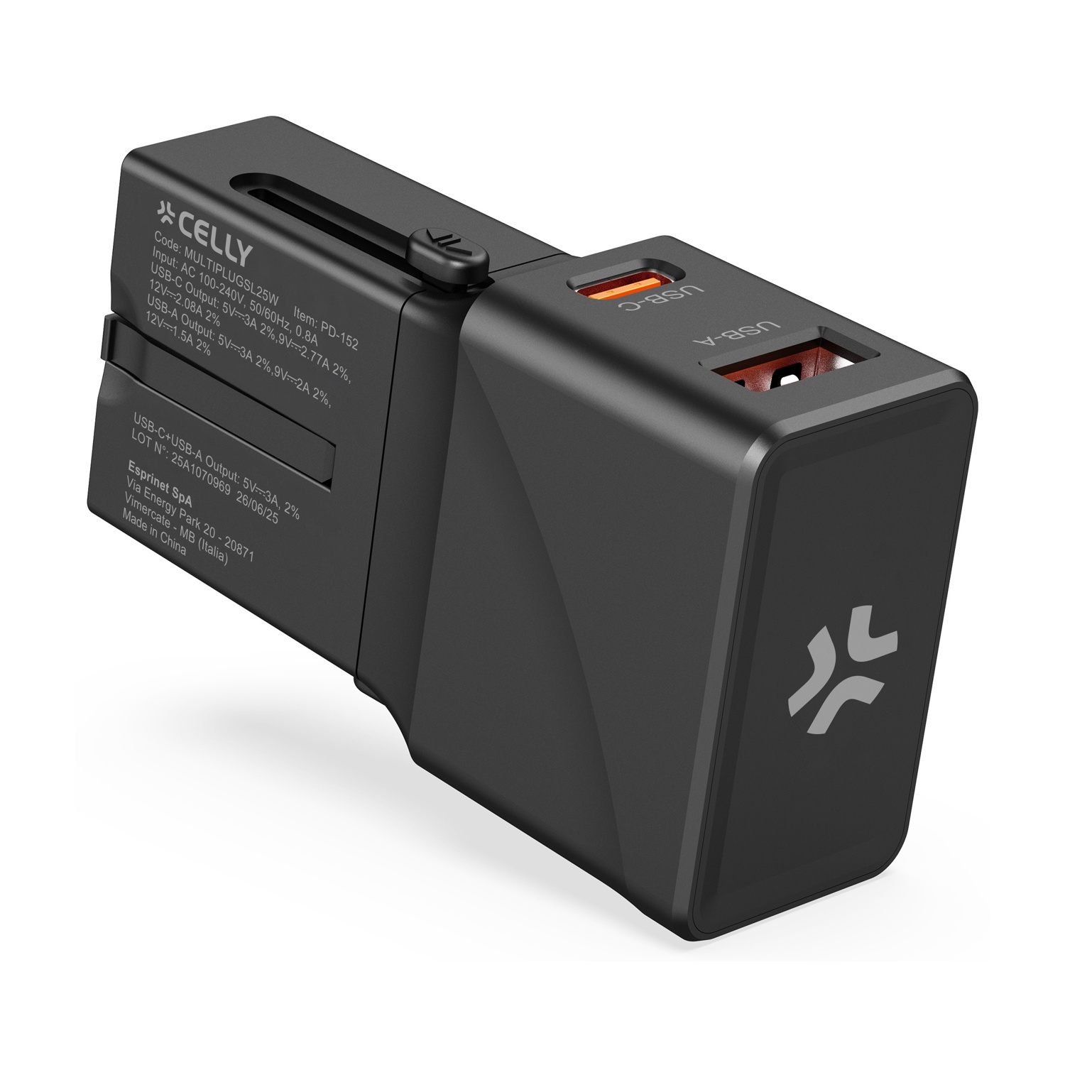 Adattatore da viaggio nero con porte USB-C e USB-A, logo CELLY.