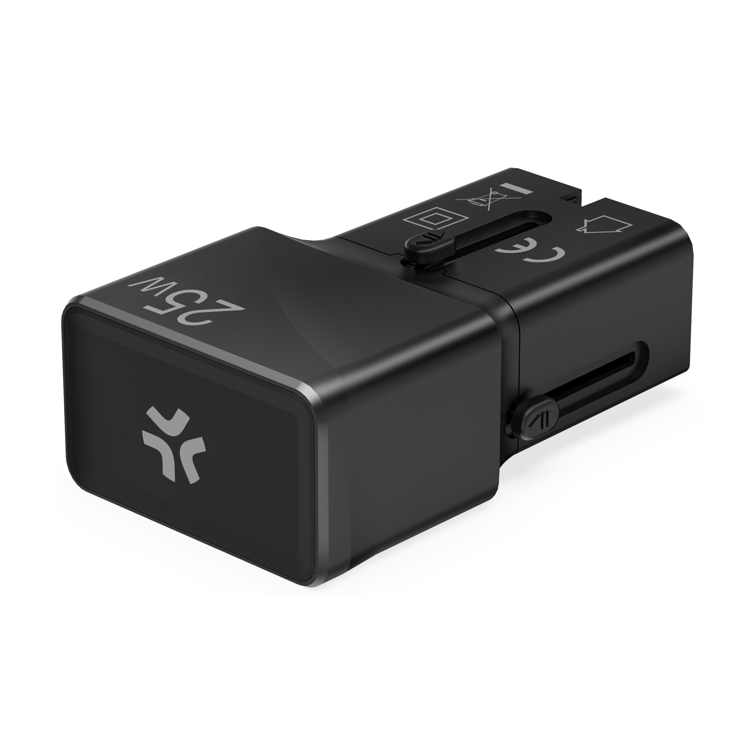Adattatore da viaggio nero con marchio 25W e pin retrattili.