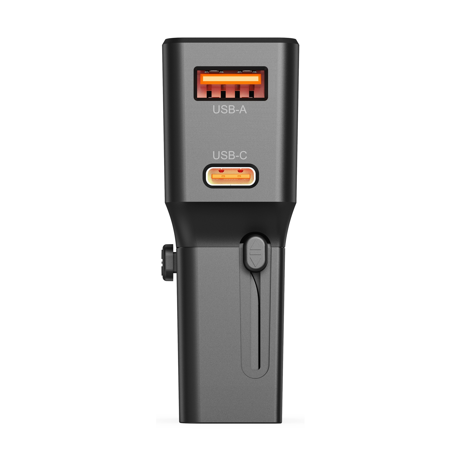 Adattatore USB grigio con porte USB-A e USB-C e una spina pieghevole.