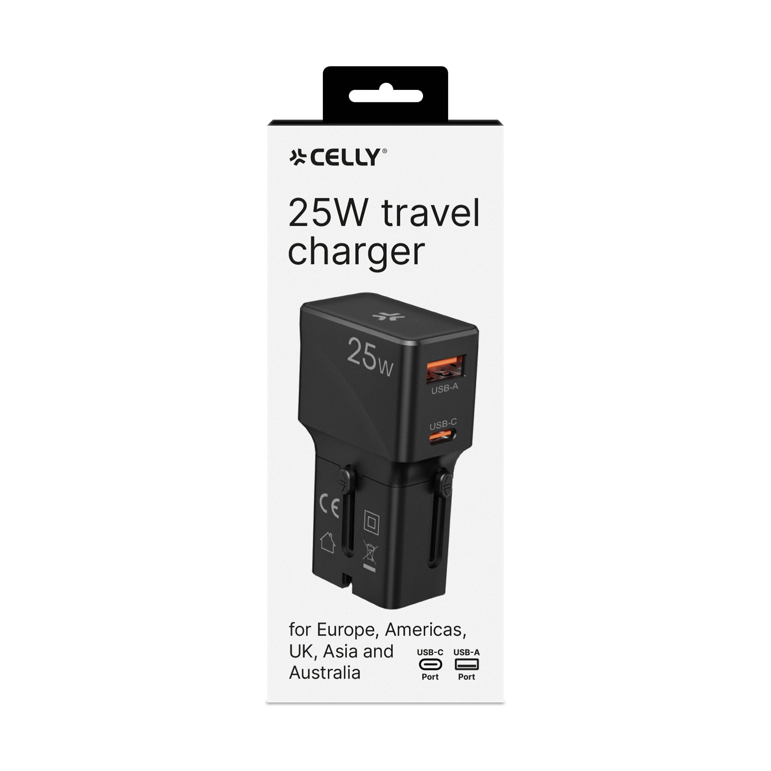 Caricatore da viaggio nero da 25W con porte USB-C e USB-A. Marchio CE.