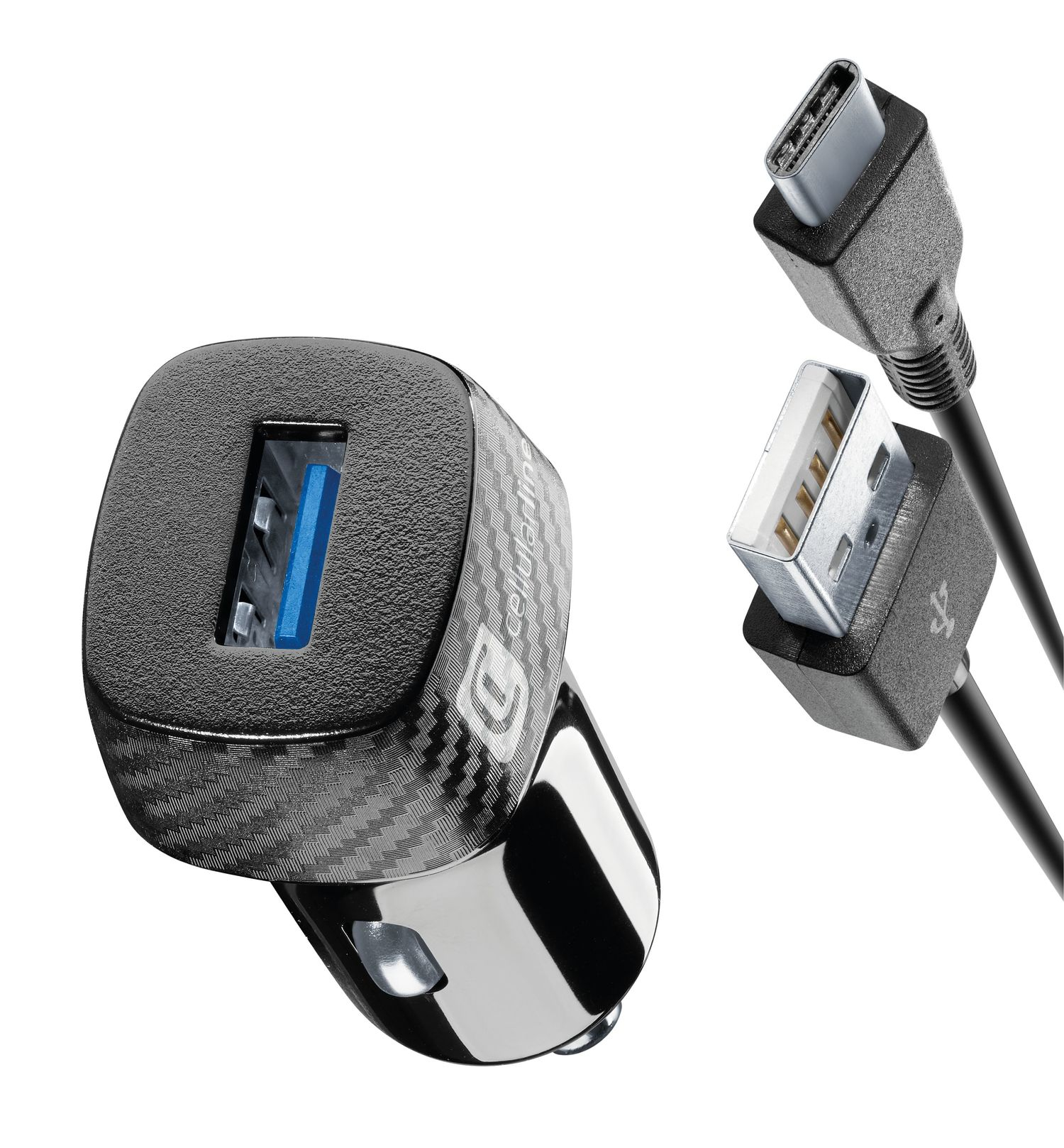 Un adaptador USB para coche negro con cables USB-A y USB-C.