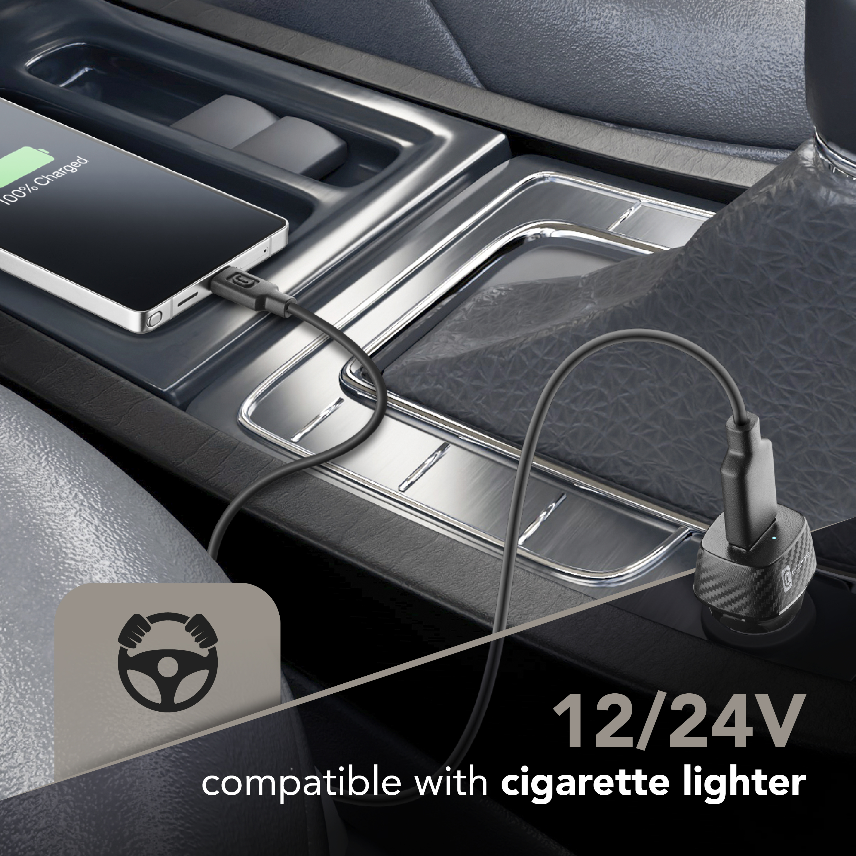 Un smartphone se está cargando en un coche mediante una conexión USB-C.