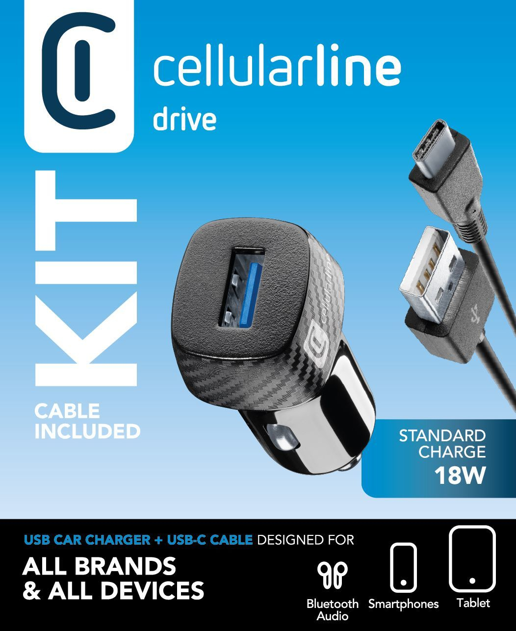 Un cargador de coche USB negro con puerto USB azul y cable USB-C.