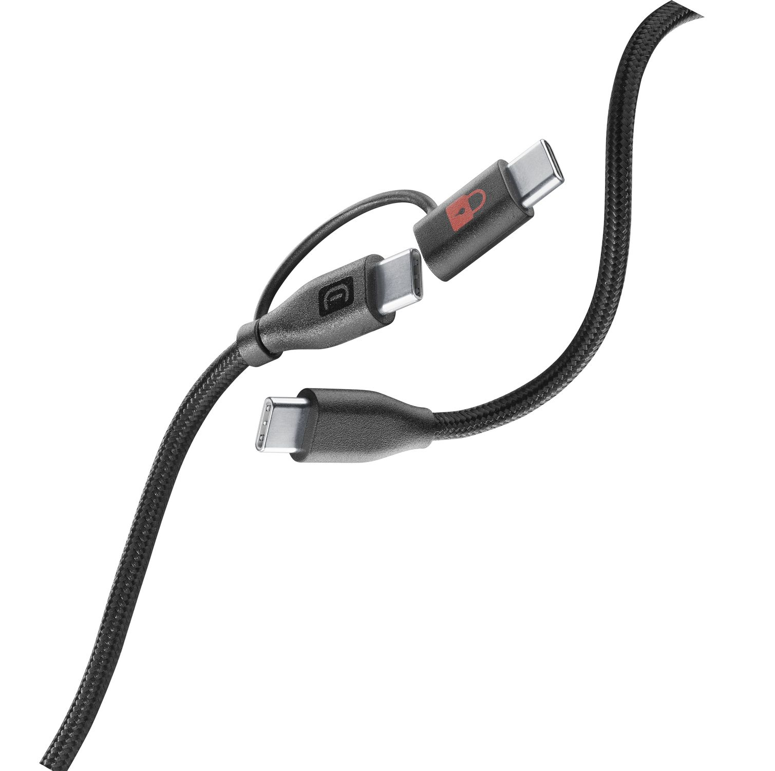Un cable USB-C negro con dos conectores, uno con un símbolo de candado rojo.
