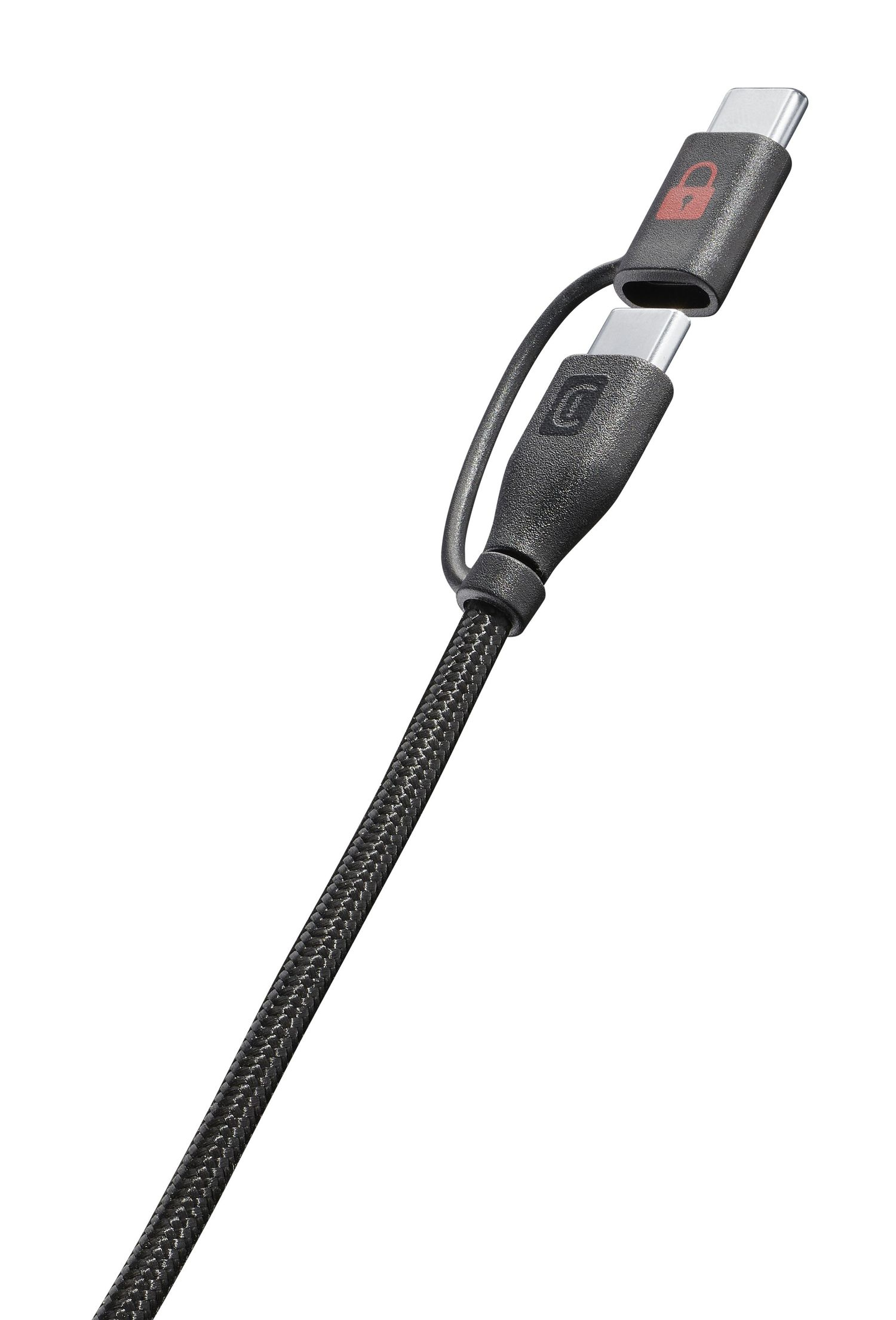 Un cable USB-C negro con dos conectores, uno con icono de candado rojo.
