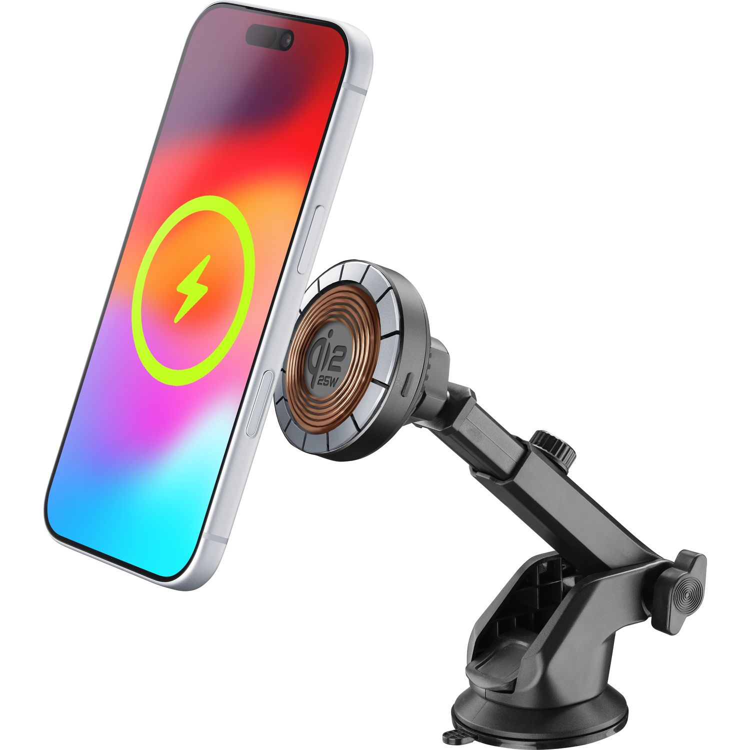 Un smartphone plateado sujeto por un soporte negro, cargando.