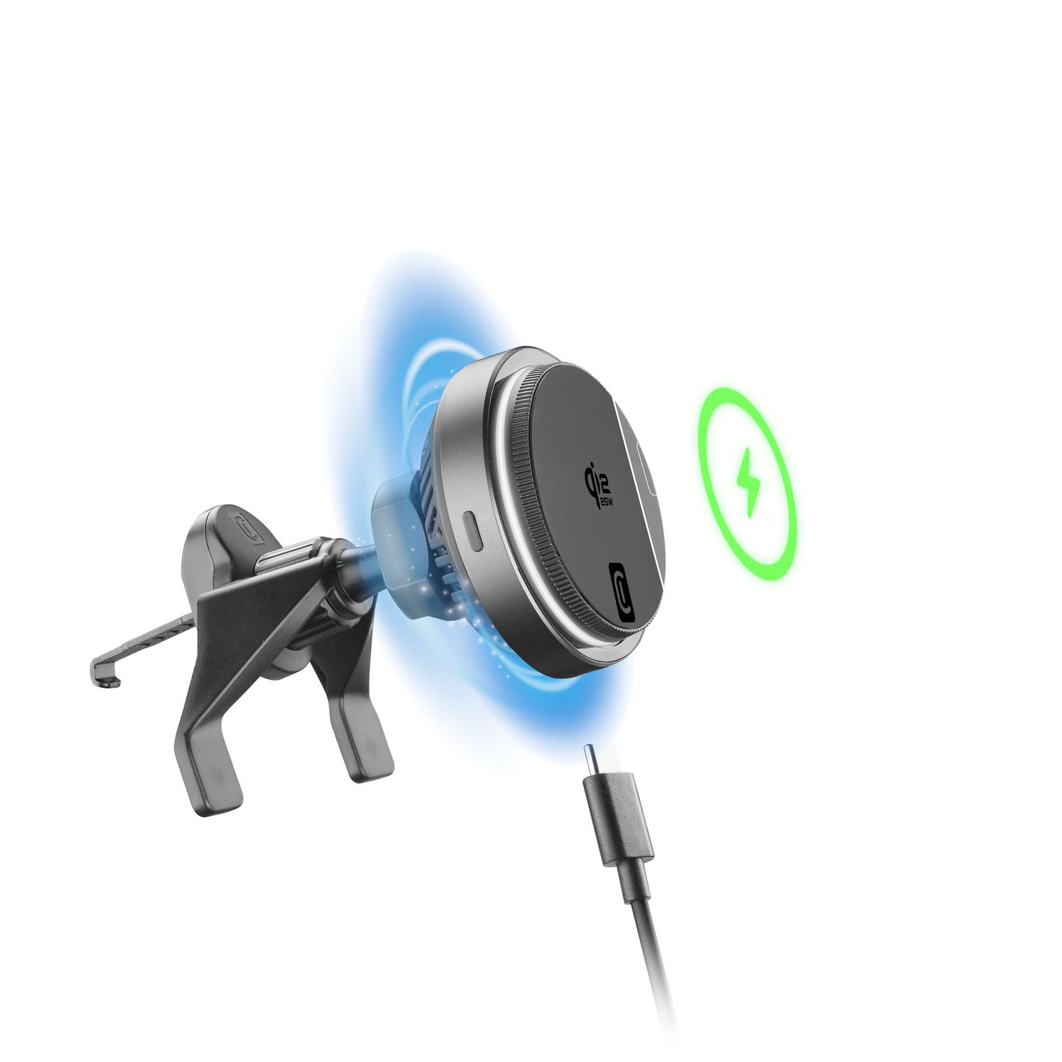 Soporte de teléfono gris para coche con carga y cable USB-C.