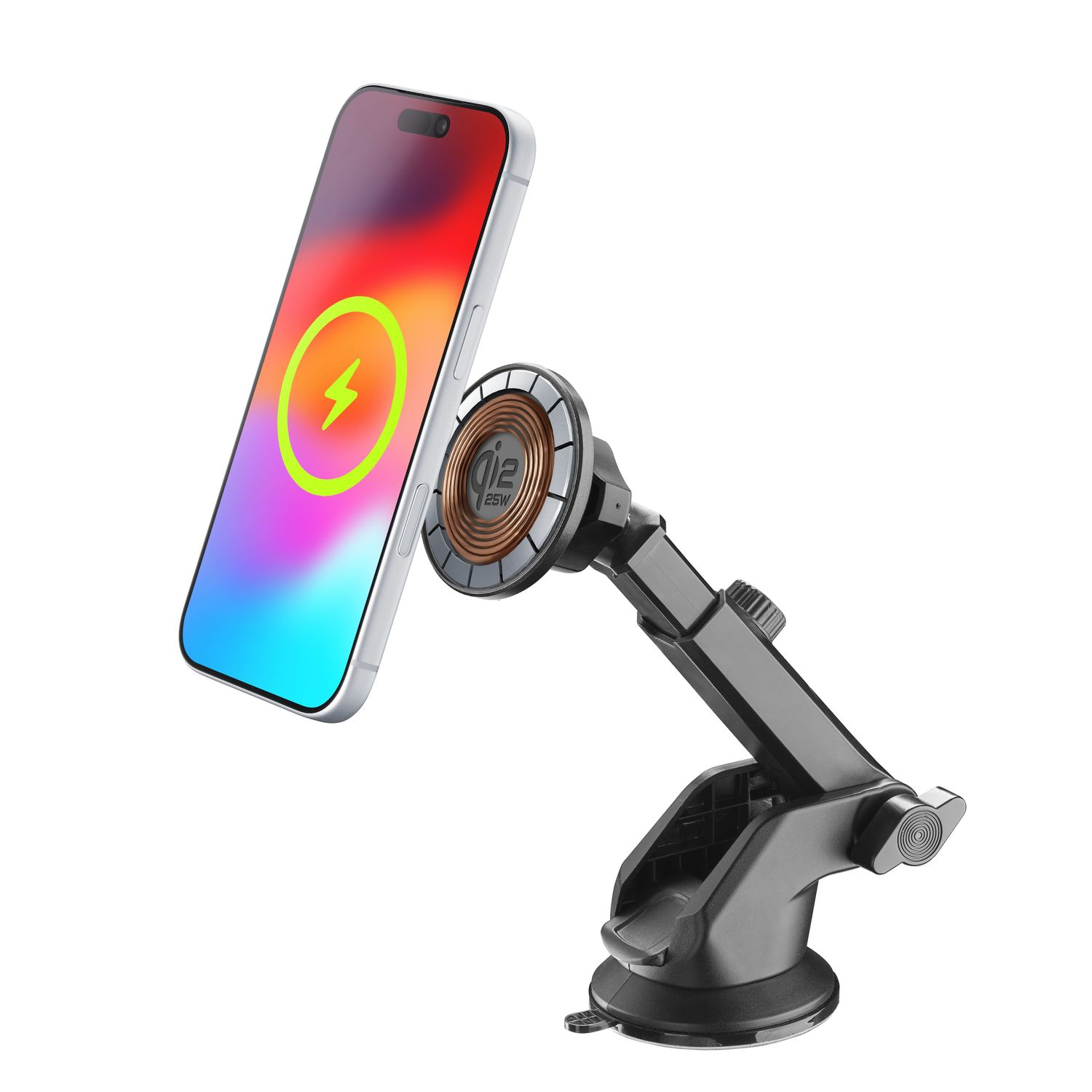 Un smartphone mostrando un ícono de carga en un soporte para coche negro con ventosa.