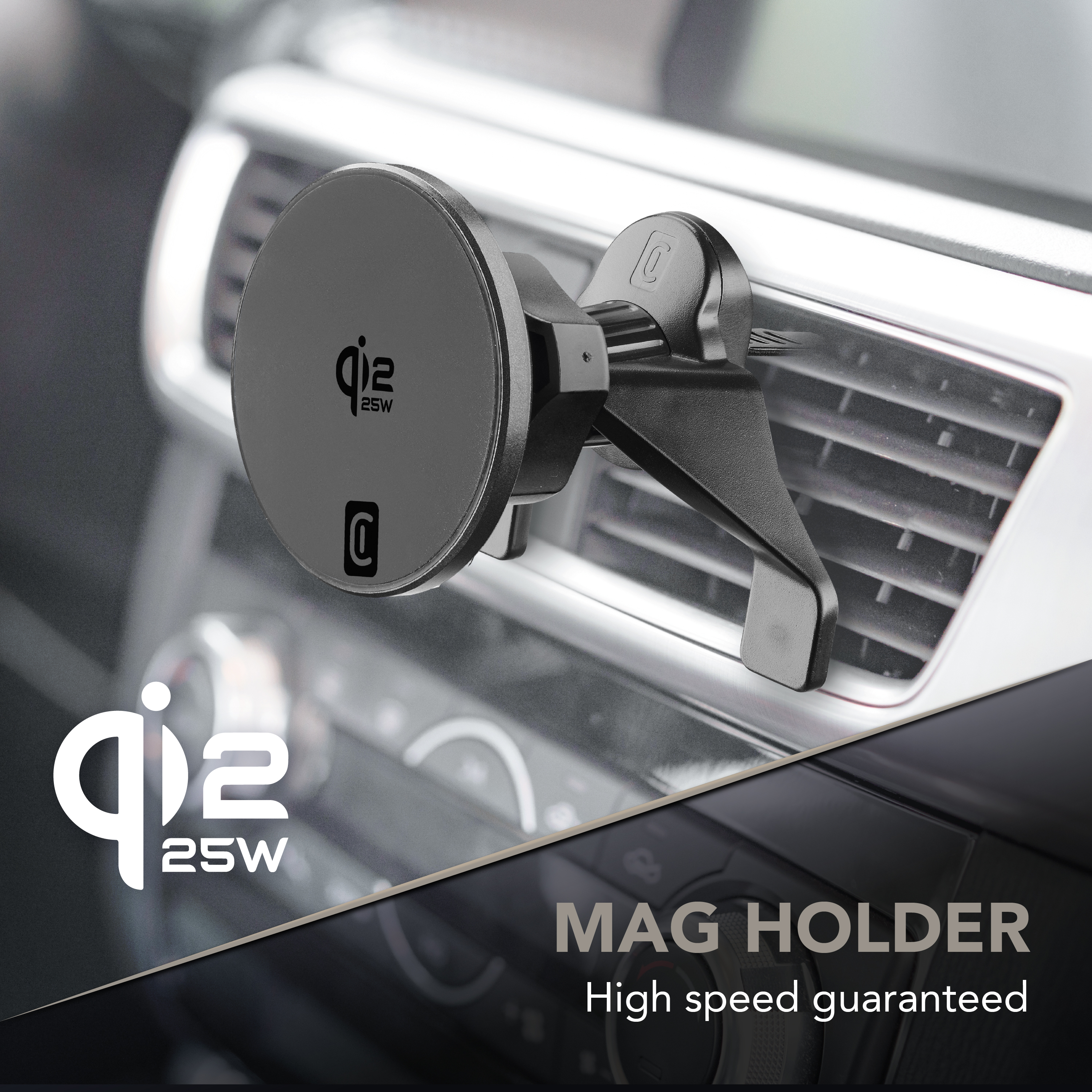 Soporte magnético negro para coche en una rejilla de ventilación. Texto: 'qi2 25W MAG HOLDER'.