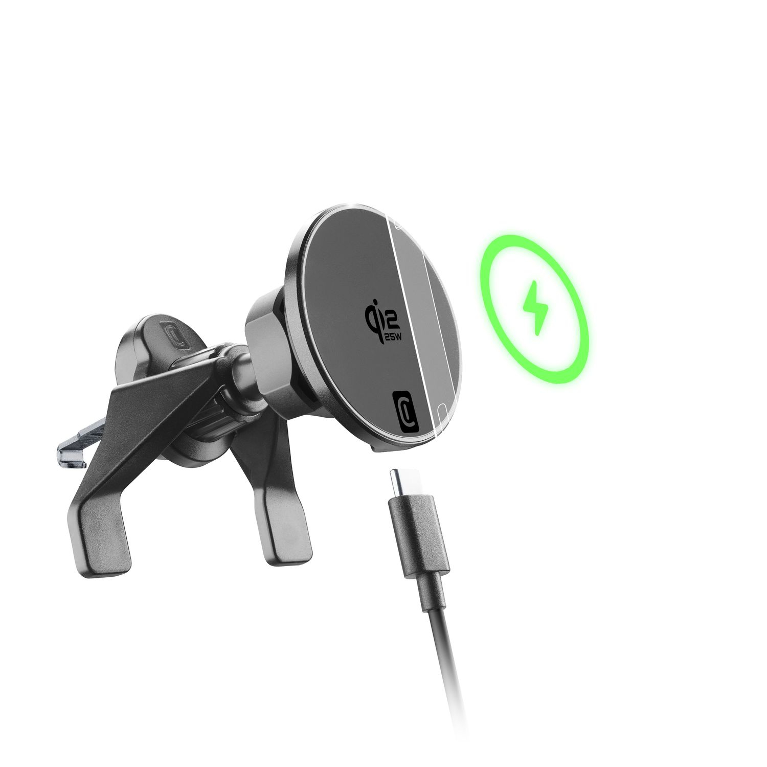 Soporte de teléfono gris con cable USB-C e indicador de carga.