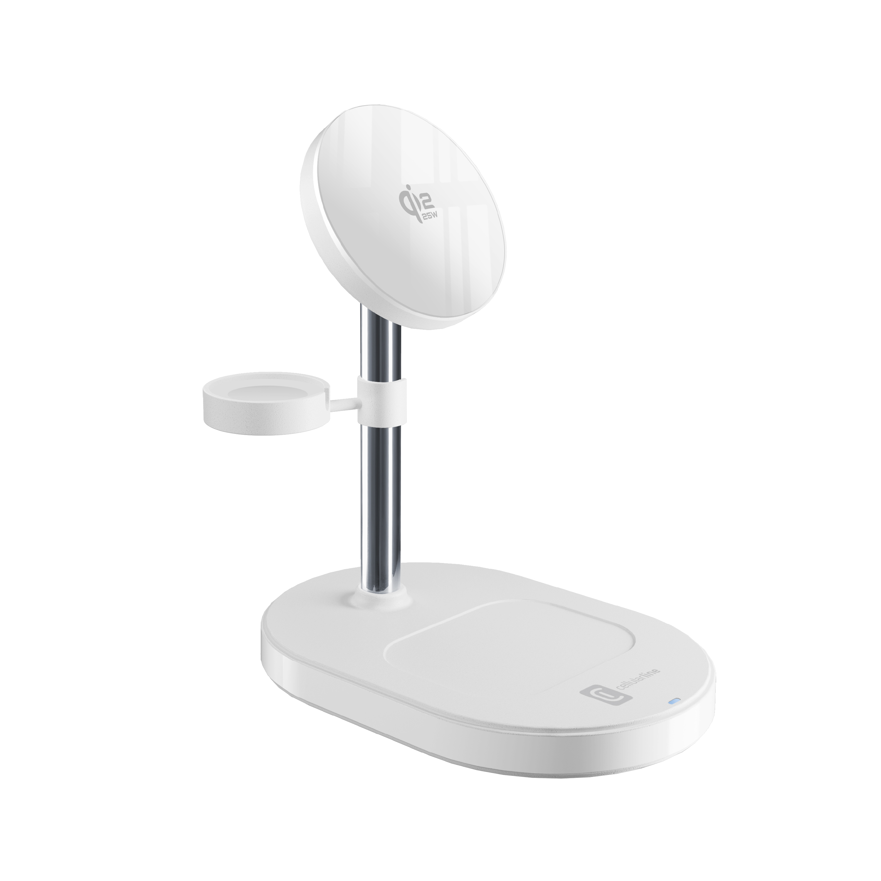 Un cargador inalámbrico blanco con área de carga redonda y soporte.