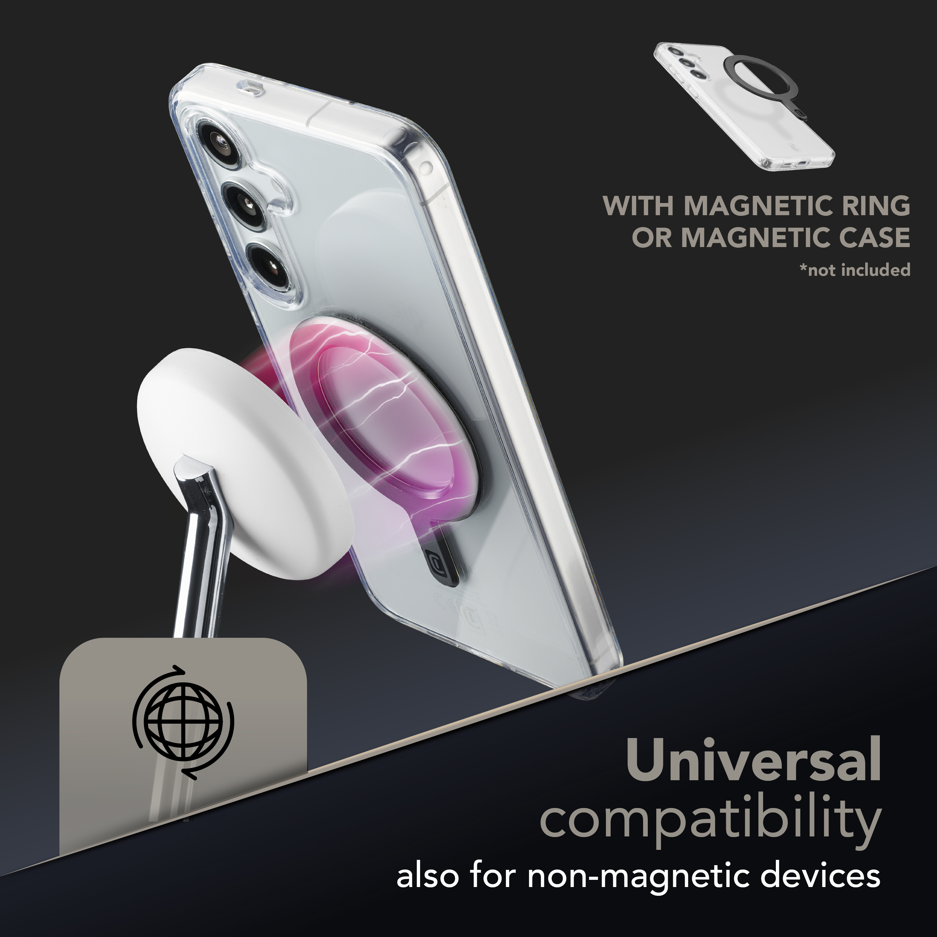 Funda transparente para teléfono con soporte de anillo magnético. Universal.