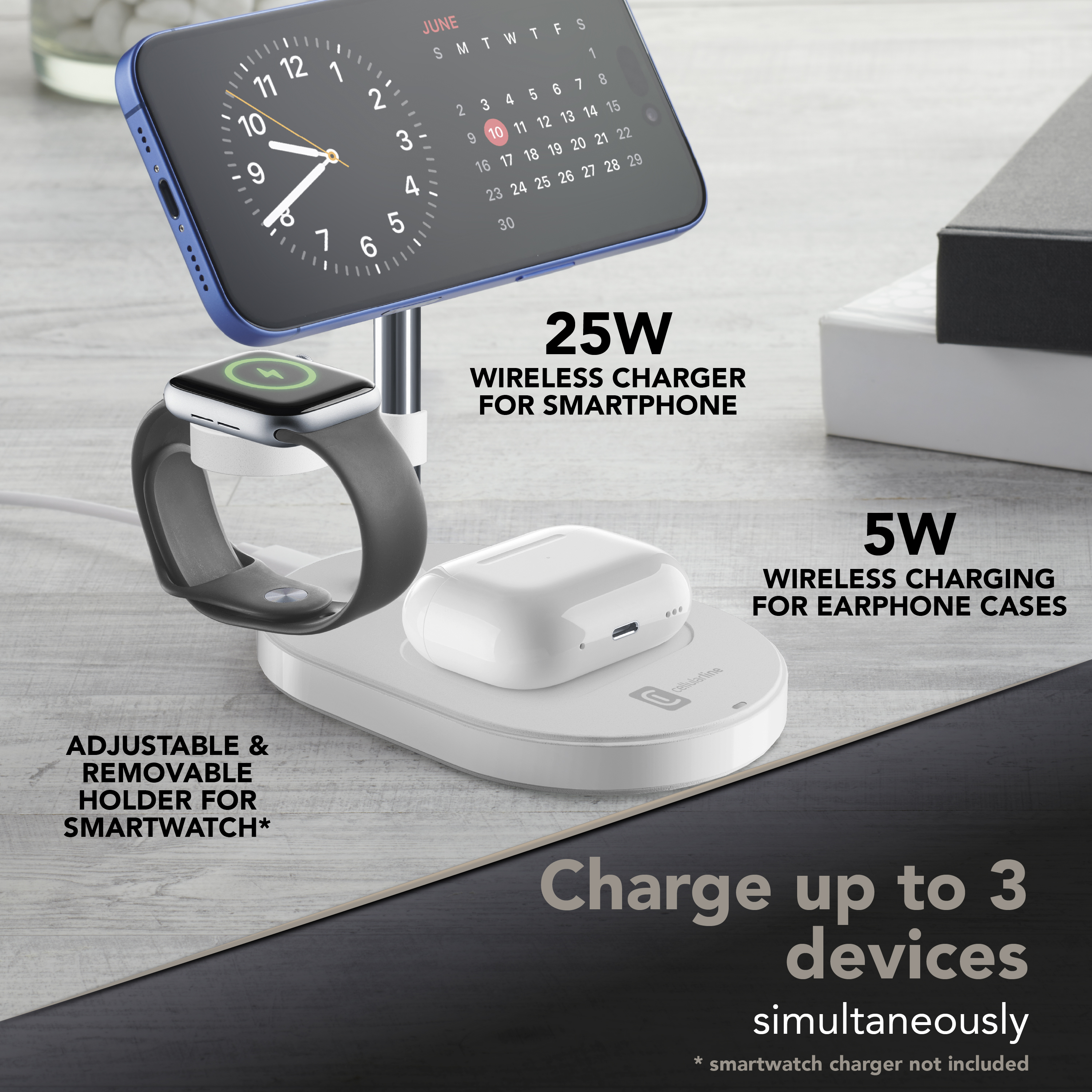 Estación de carga para 3 dispositivos: smartphone, smartwatch, auriculares.