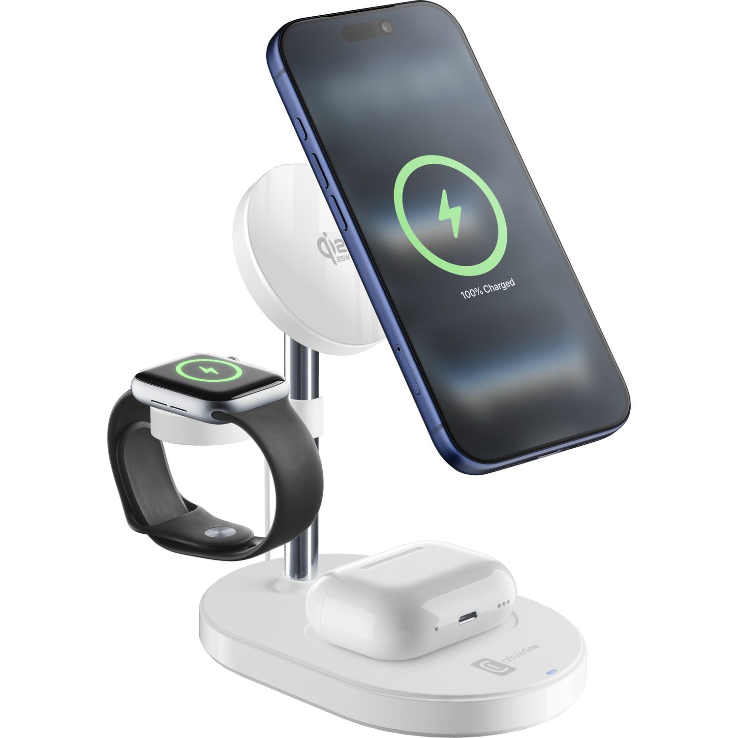 Soporte de carga blanco con iPhone, Apple Watch y estuche AirPods. Todos los dispositivos cargan.