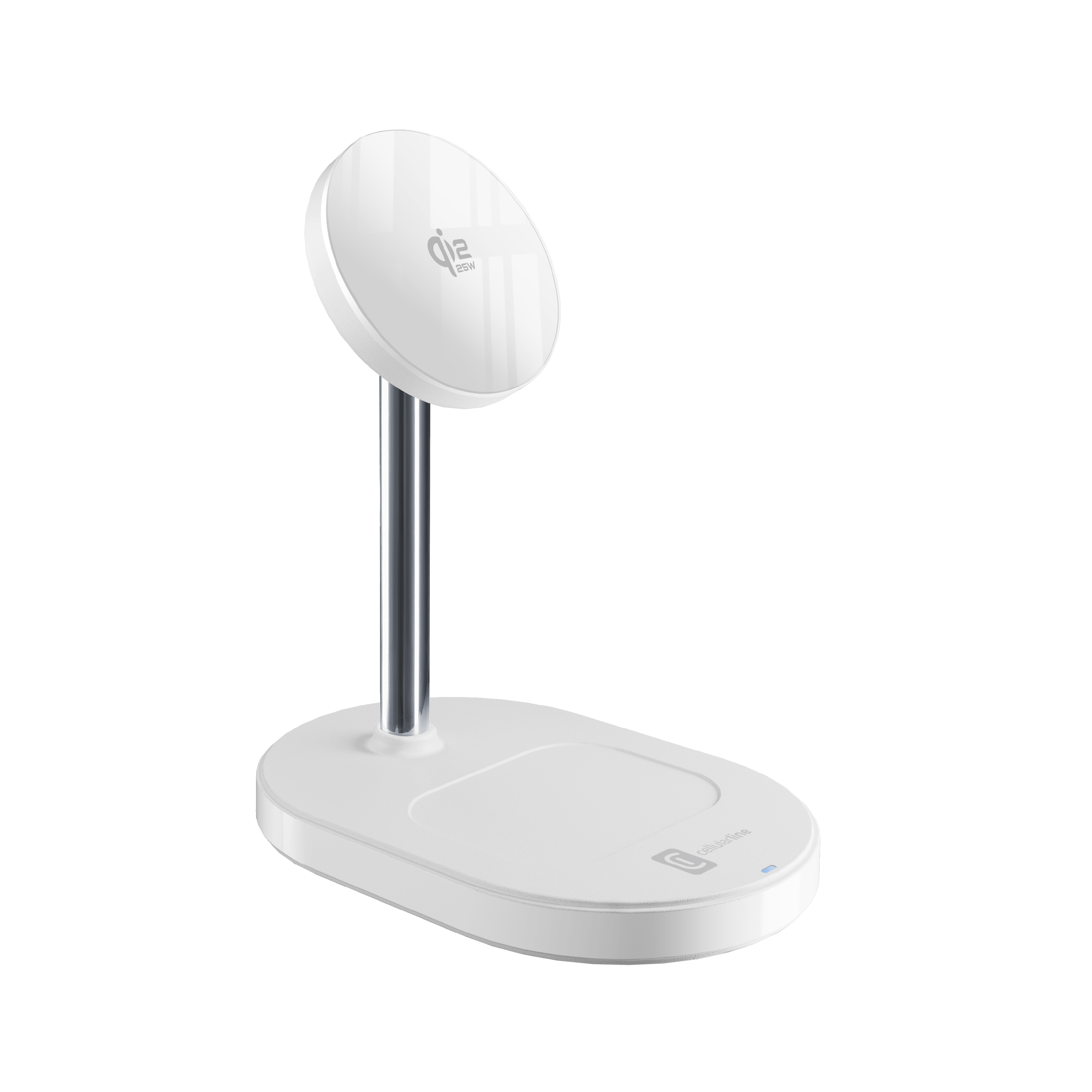 Un cargador inalámbrico blanco con un elegante soporte metálico y un cabezal de carga redondo.
