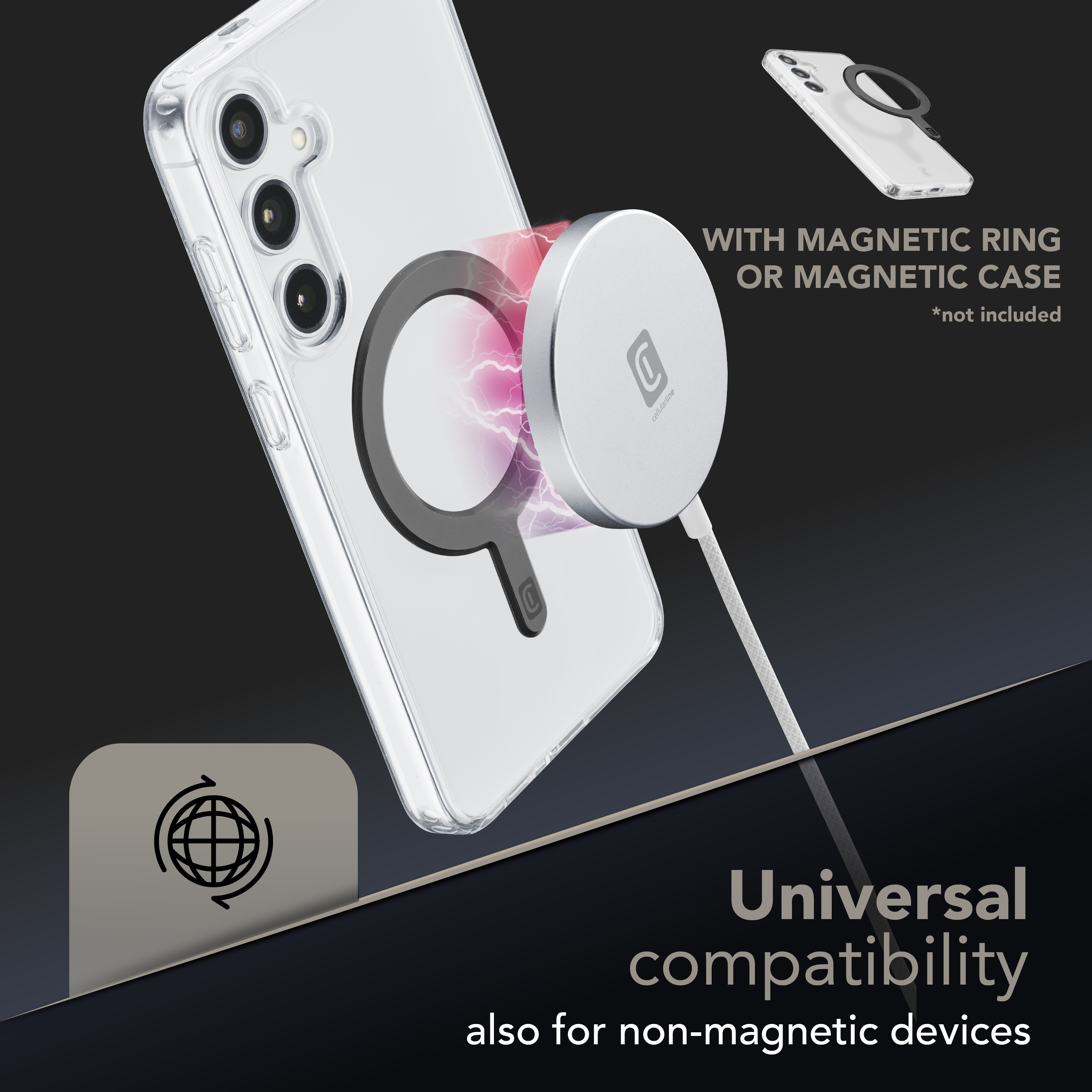 Funda transparente para móvil con anillo magnético y cargador. Compatibilidad universal.