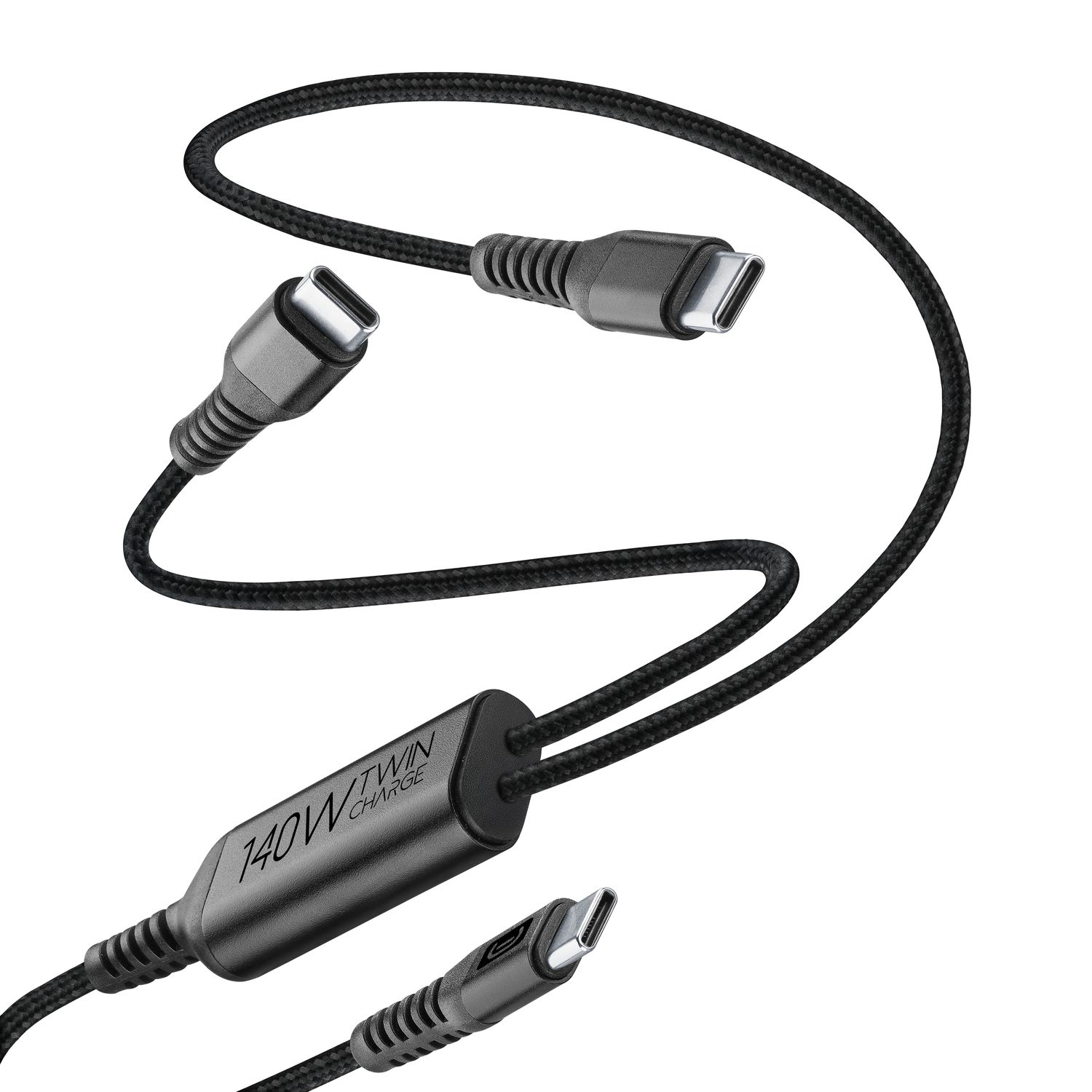 Un cable USB-C negro con dos conectores y texto "140W TWIN CHARGE".
