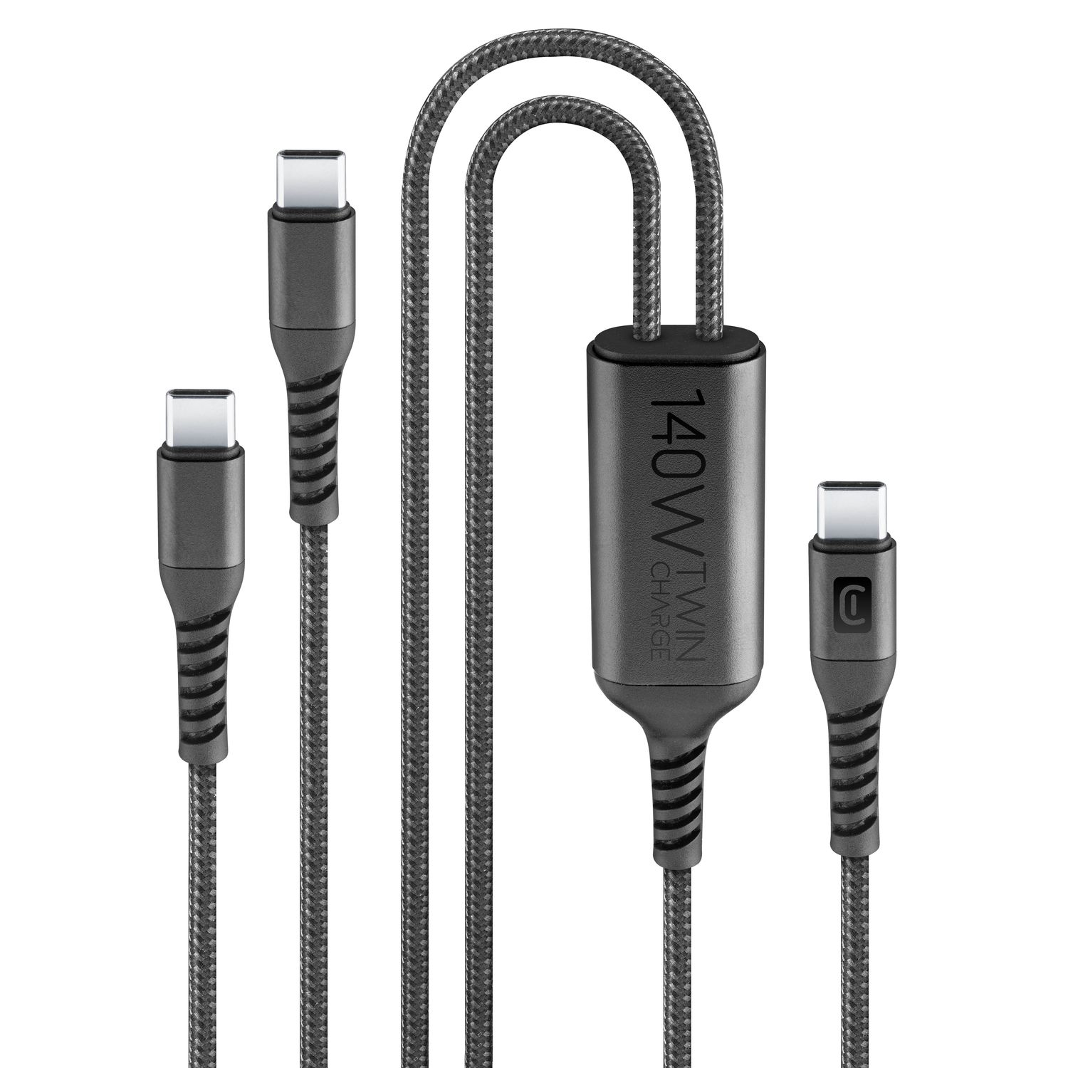 Un cable USB-C negro con dos puertos, etiquetado 140W Twin Charge.