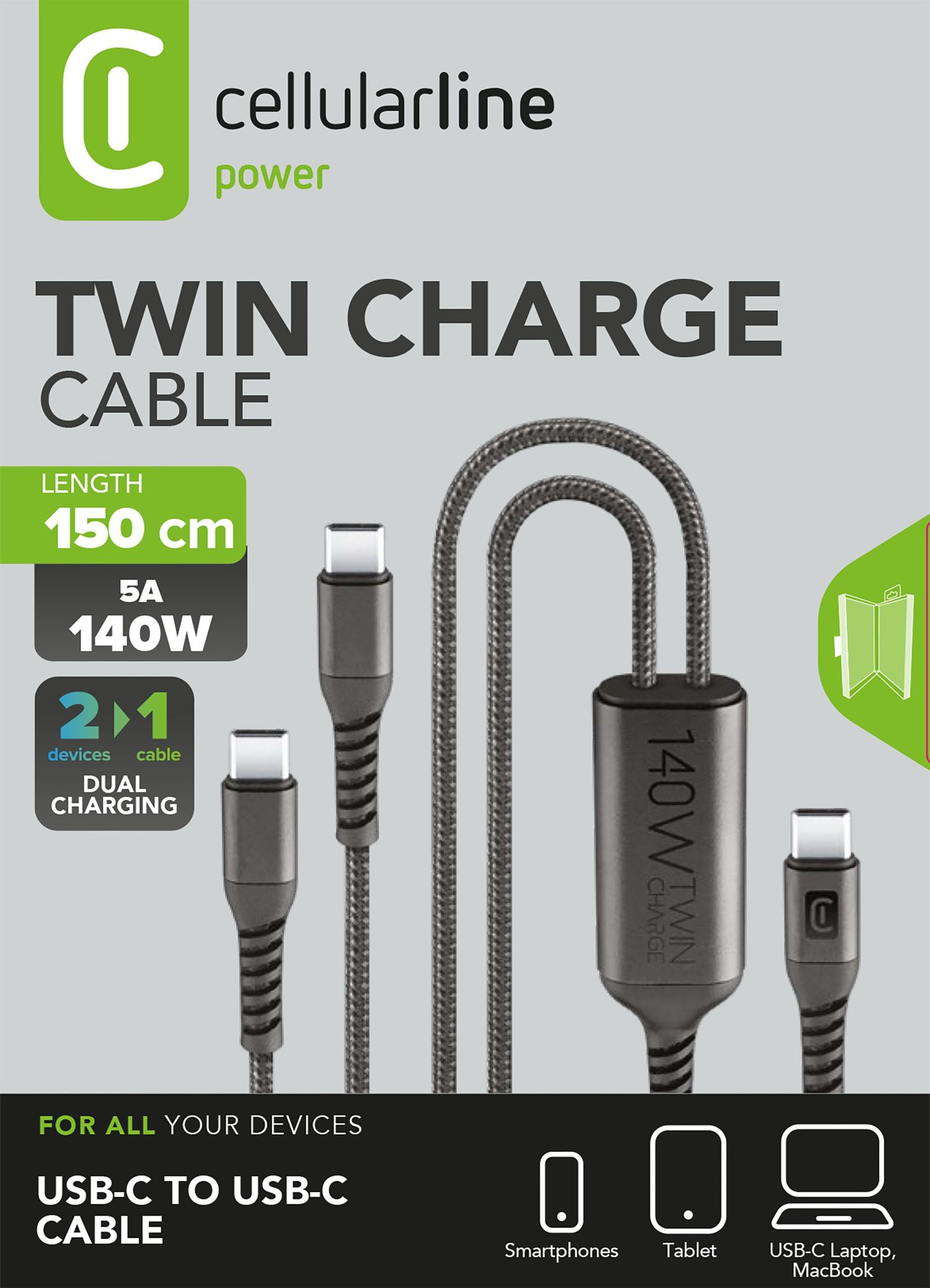 Cable USB-C Cellularline Twin Charge, 150cm, 140W, para smartphones, tablets, portátiles.