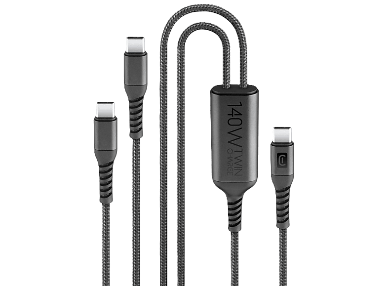 Cable USB - CellularLine Twin Charge C, Carga simultánea, 140 W, Universal, Negro