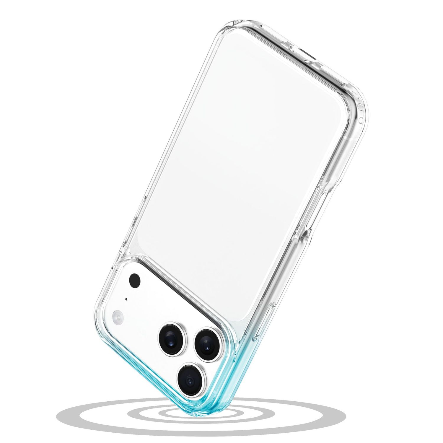 Funda de teléfono transparente con detalles azules sobre fondo blanco.