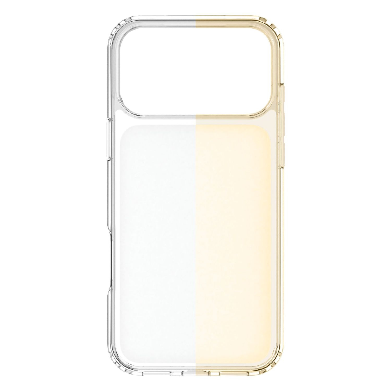 Funda de teléfono transparente con un ligero tinte amarillento, sobre fondo blanco.